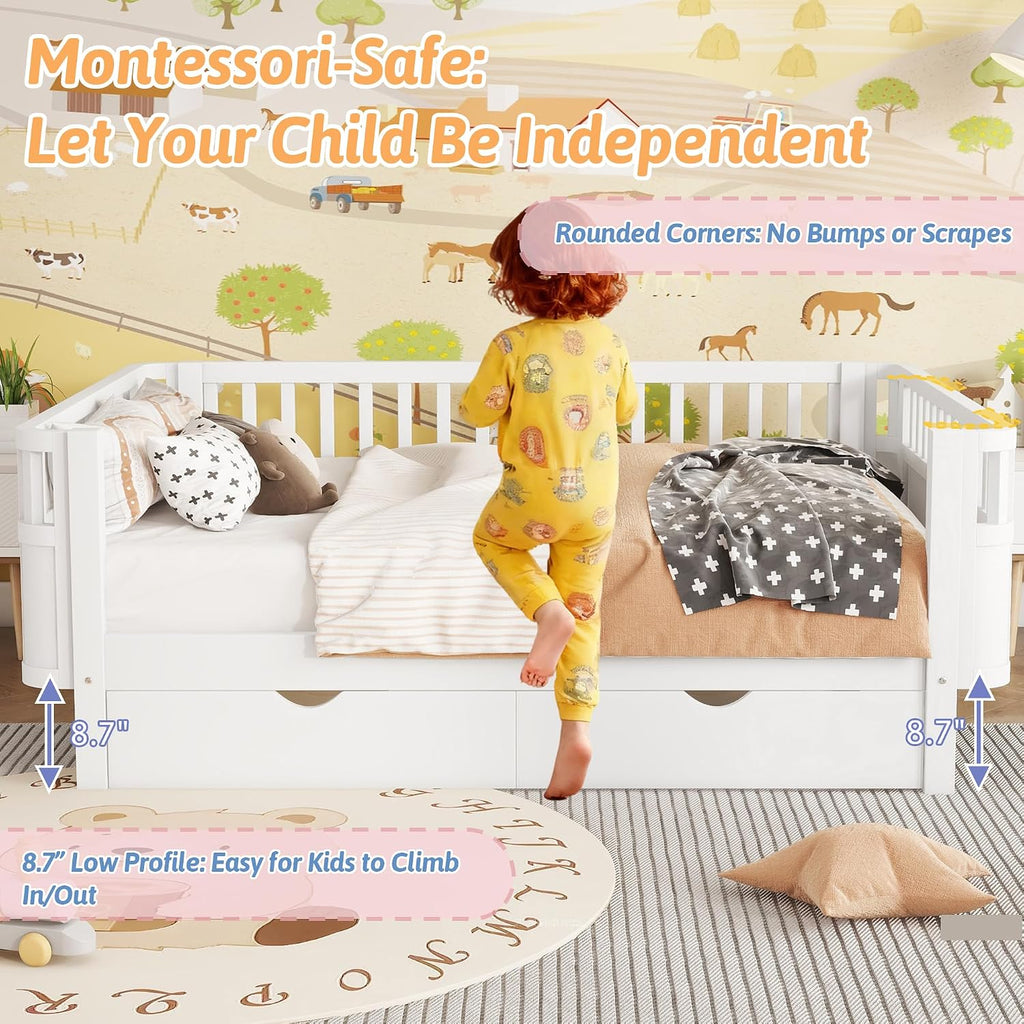 Full Kids Bed with Storage Drawers & Rails, Wood Low Montessori Beds with Detachable Side Rails & Slats, Modern Daybed for Boys Girls Bedroom, Kids Full Platform Bed, White