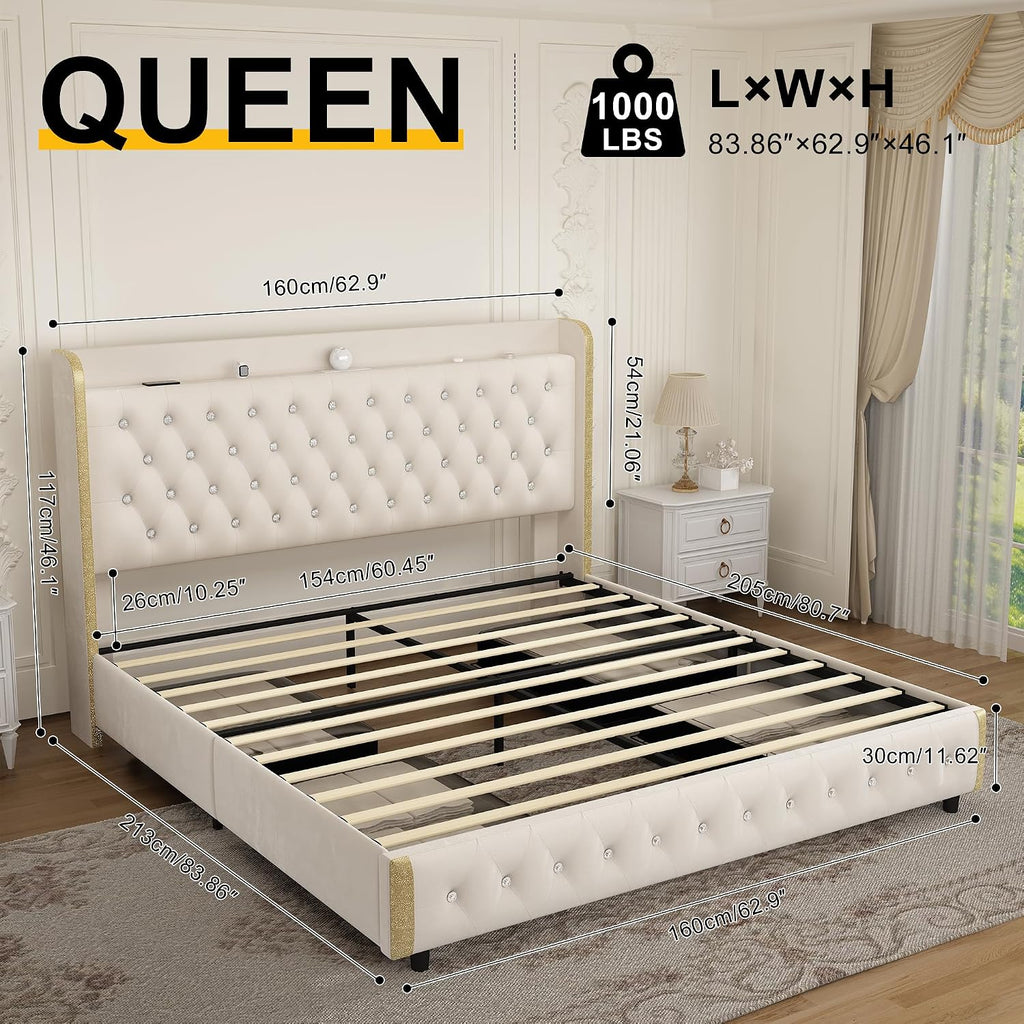GEGOFORU Queen Wingback Modern Platform Bed with Galaxy Projector, 4 Dust-Proof Storage Drawers, LED Bed Frame, USB Ports, No Box Spring Needed & Noise-Reduction Sturdy Wood Slats, Velvet Cream