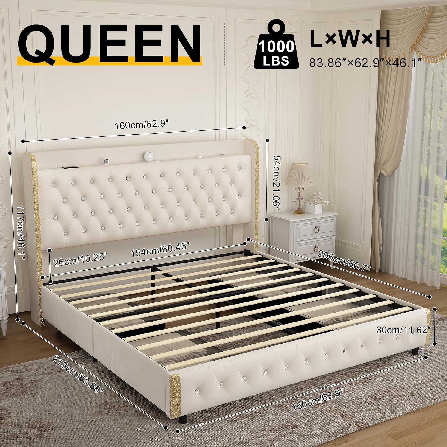 GEGOFORU Queen Wingback Modern Platform Bed with Galaxy Projector, 4 Dust-Proof Storage Drawers, LED Bed Frame, USB Ports, No Box Spring Needed & Noise-Reduction Sturdy Wood Slats, Velvet Cream