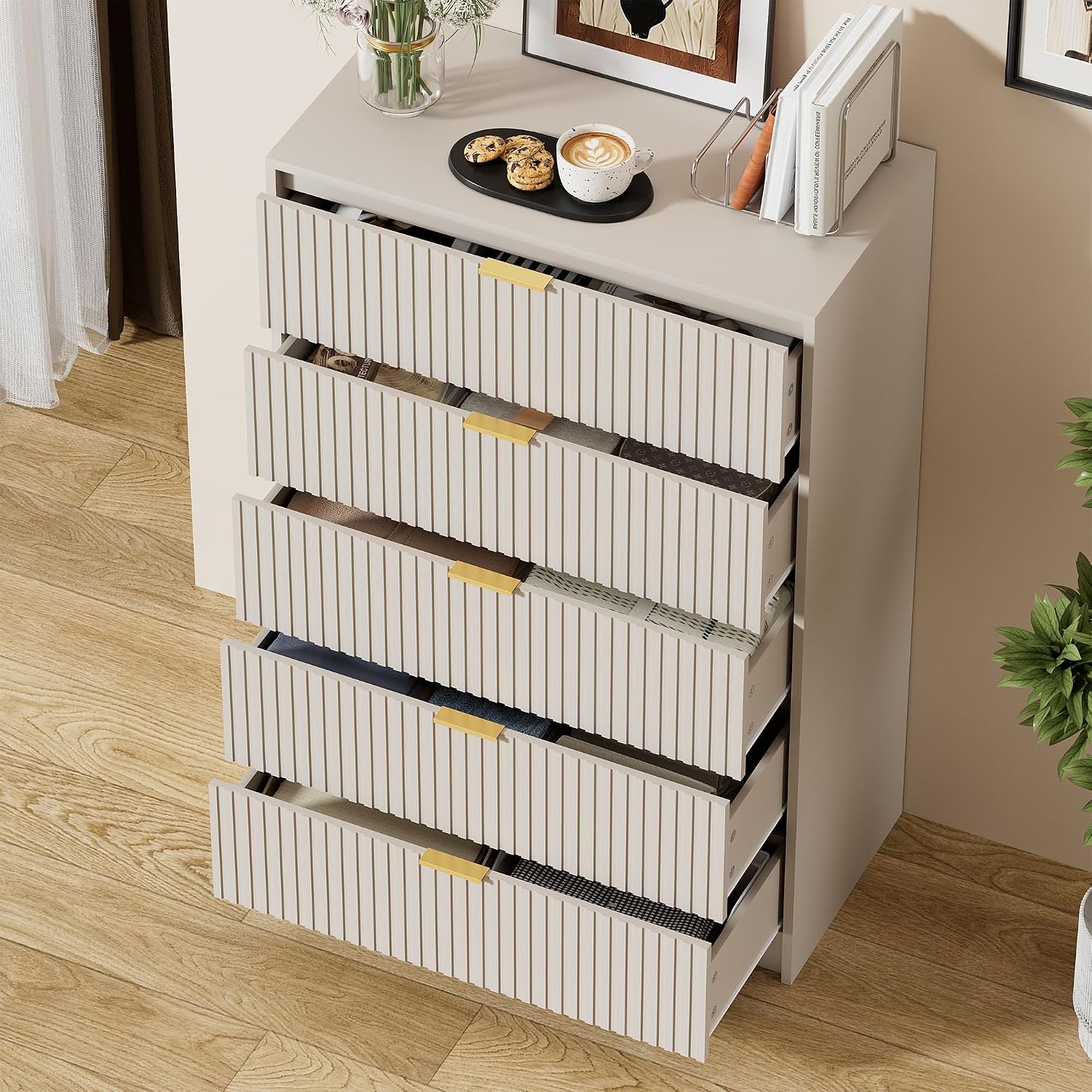 Furniway Beige Dresser for Bedroom, Modern Dresser with 5 Drawers and Smooth Slides, Wide Chest of Drawers with Golden Handles for Bedroom, Living Room, Closet, 15.7' D x 31.5' W x 47.2' H