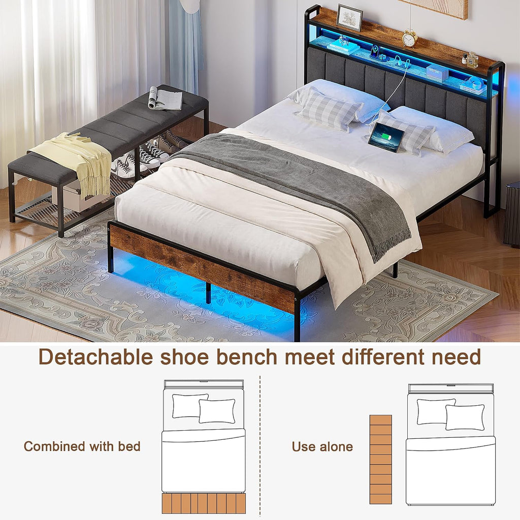 VECELO Queen Size Bed Frame with LED Lights and Bench, Upholstered Headboard Bed Frame with Storage & USB Charging Station, Sturdy Metal Frame, No Box Spring Needed, Grey