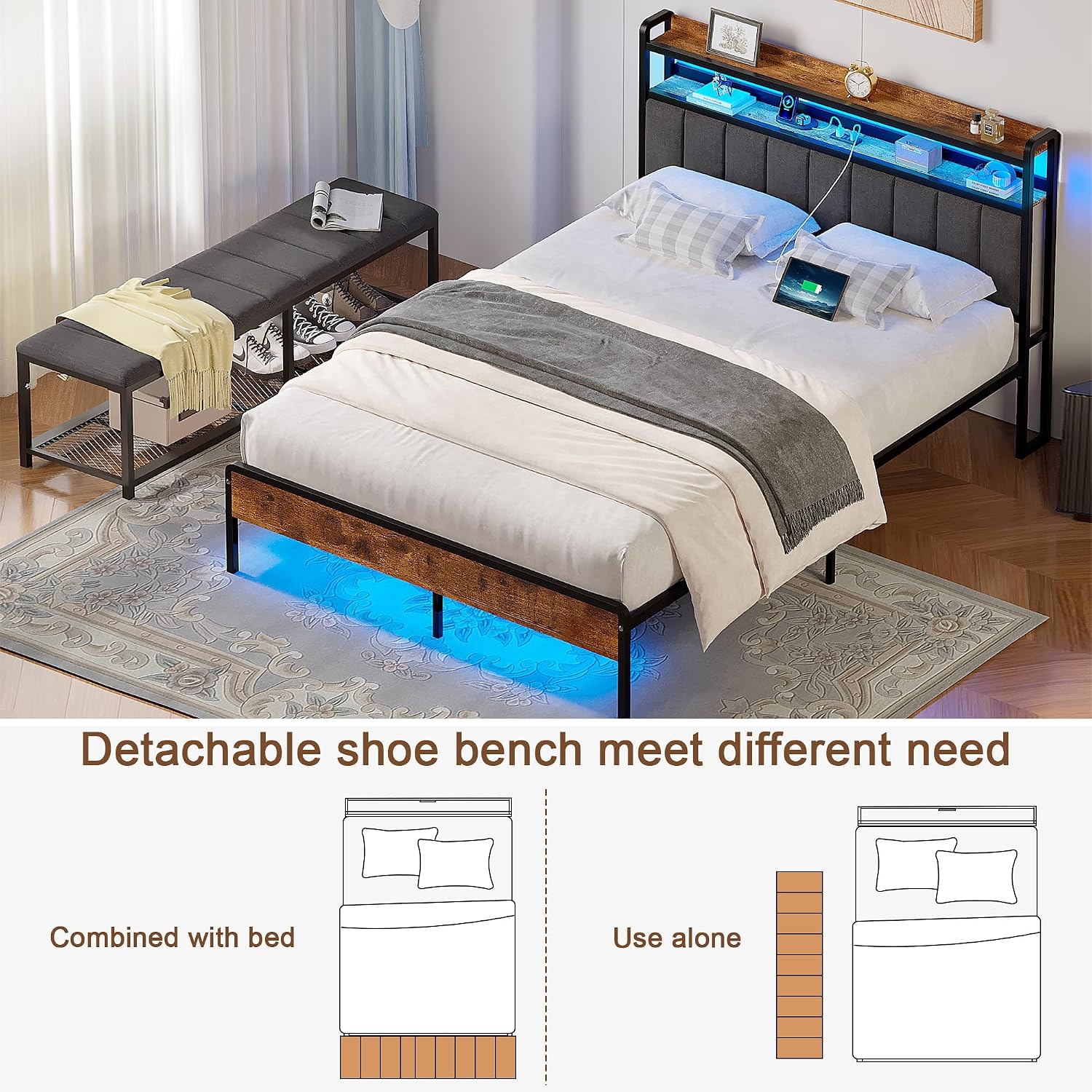 VECELO Queen Size Bed Frame with LED Lights and Bench, Upholstered Headboard Bed Frame with Storage & USB Charging Station, Sturdy Metal Frame, No Box Spring Needed, Grey