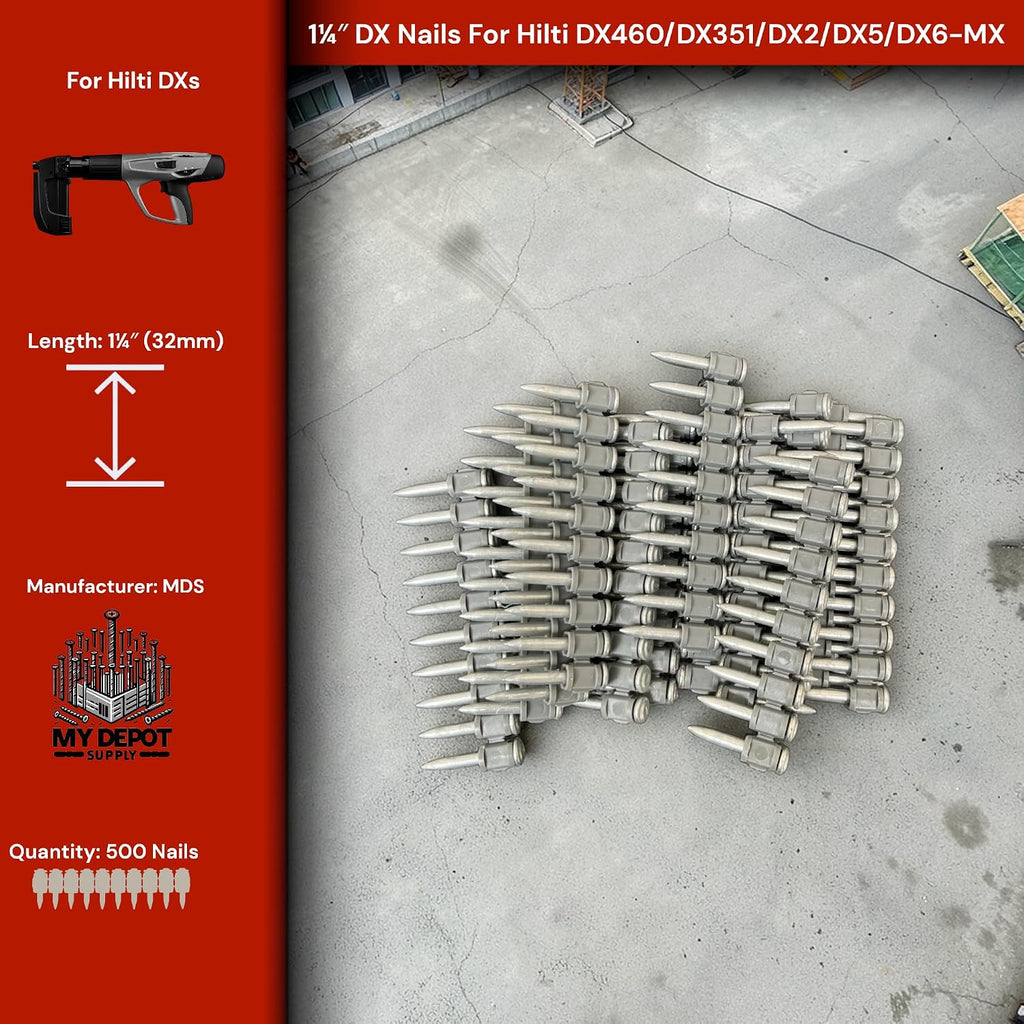 1¼″ DX Nails For Hilti DX460/DX351/DX2/DX5/DX6-MX. 500x 32mm Concrete/Steel Nails with Galvanized Zinc Coating-Heavy-Duty Construction Fasteners for Commercial & Residential Projects