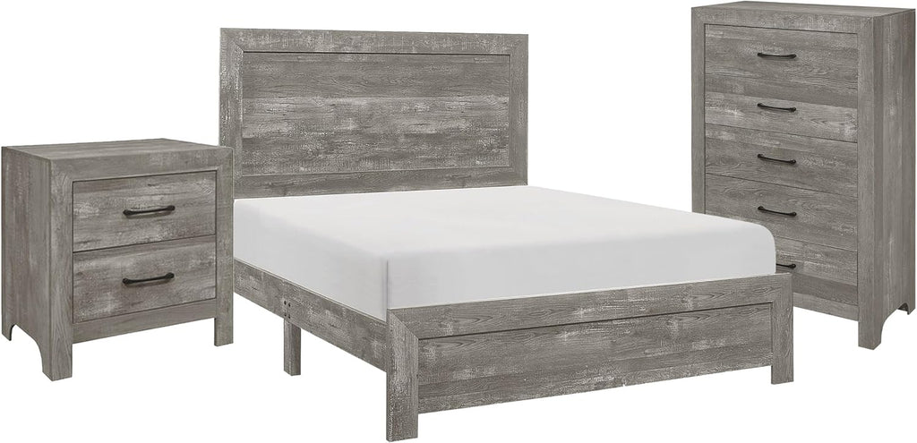 Benzara EB Three Piece Full Size Bedroom Set- Farmhouse Style- Gray- Black