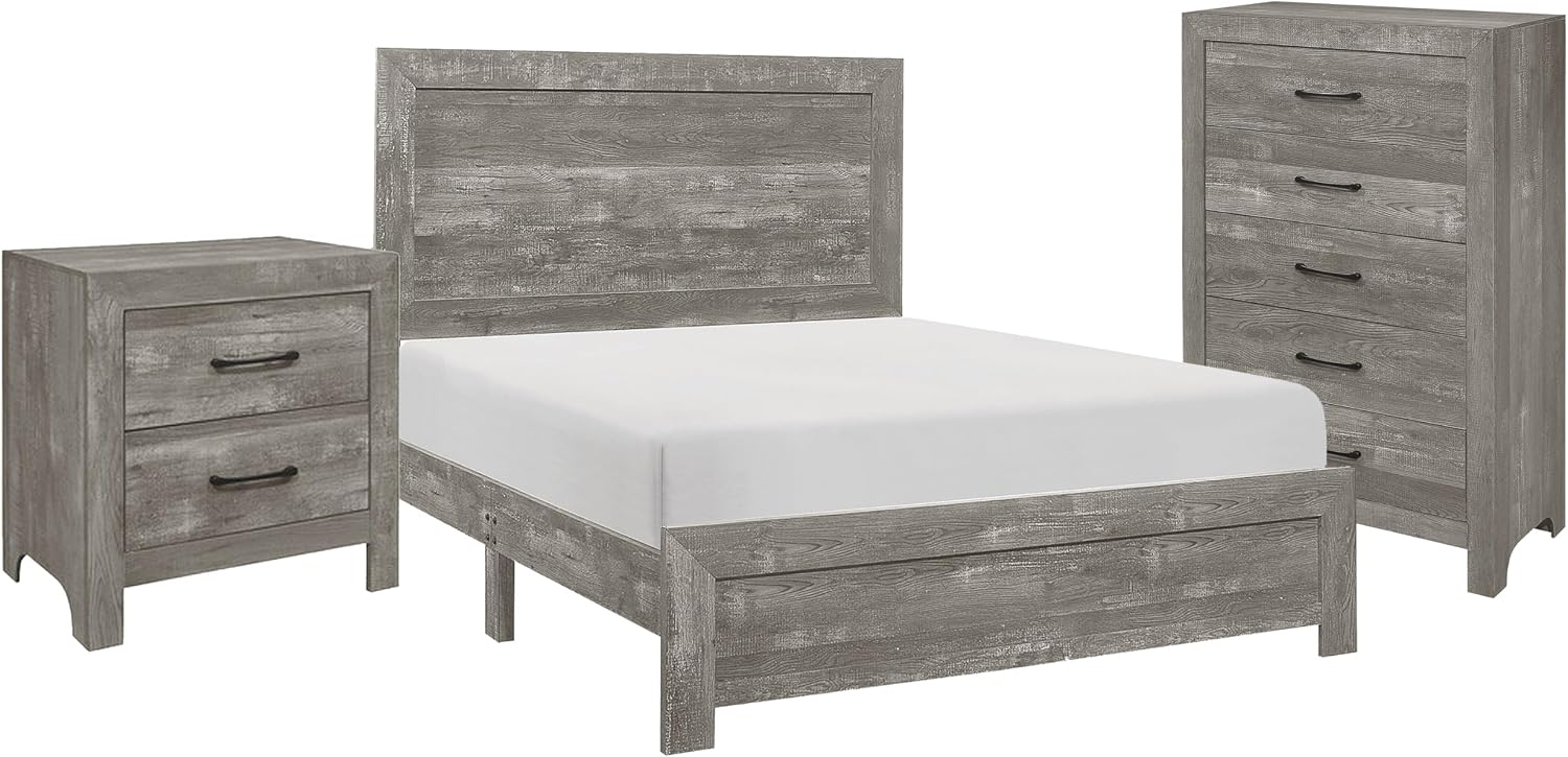 Benzara EB Three Piece Full Size Bedroom Set- Farmhouse Style- Gray- Black