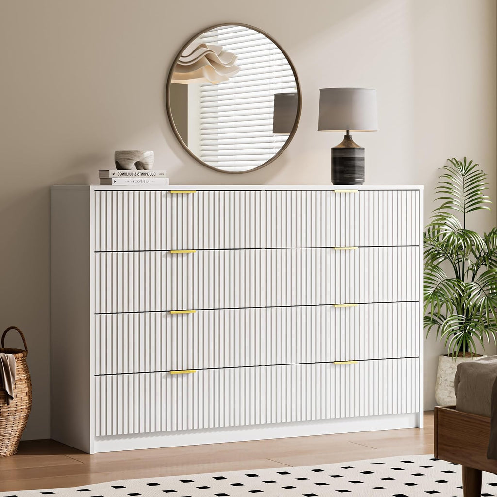 MAISONARIA 3-Piece Dresser Bedroom Set, 8 Drawer Dresser & 3 Drawer Nightstands with Gold Handles, Fluted Wood Chest of Drawers for Bedroom, Living Room, Entryway, White