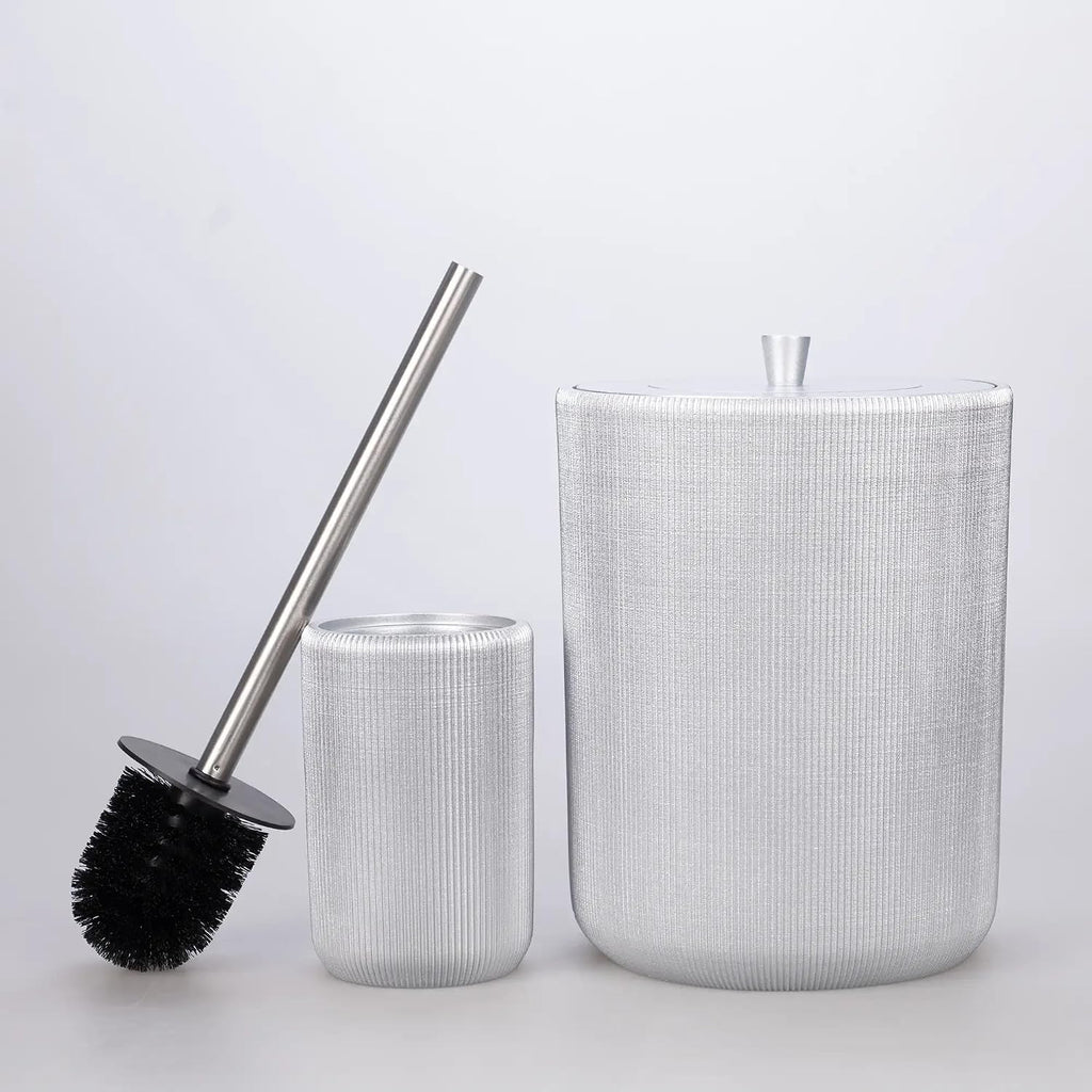 Lydia Collection 5-Piece Resin Bathroom Accessories Set – Toilet Brush Holder, Waste Bin, Soap Dispenser, Tray & Toothbrush Holder (Silver)