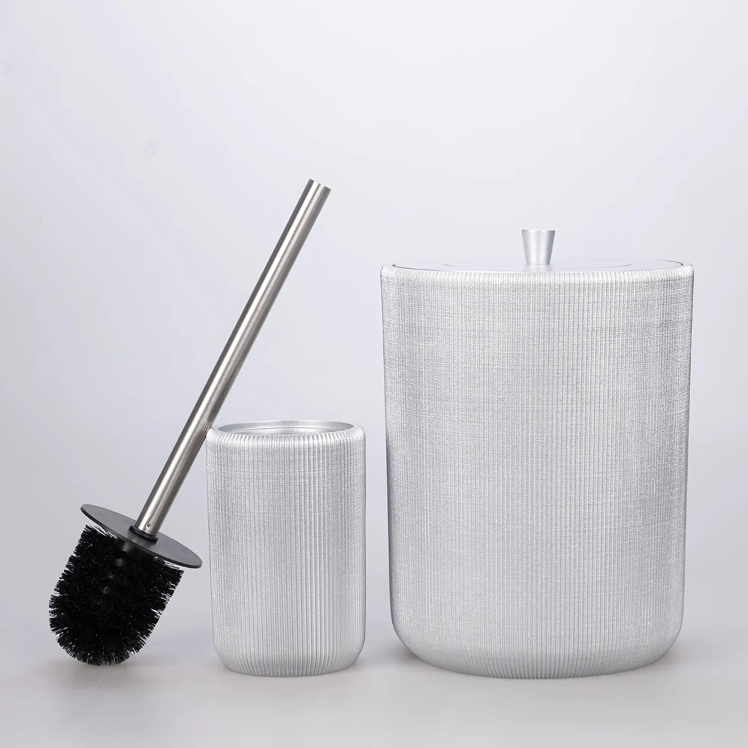 Lydia Collection 5-Piece Resin Bathroom Accessories Set – Toilet Brush Holder, Waste Bin, Soap Dispenser, Tray & Toothbrush Holder (Silver)