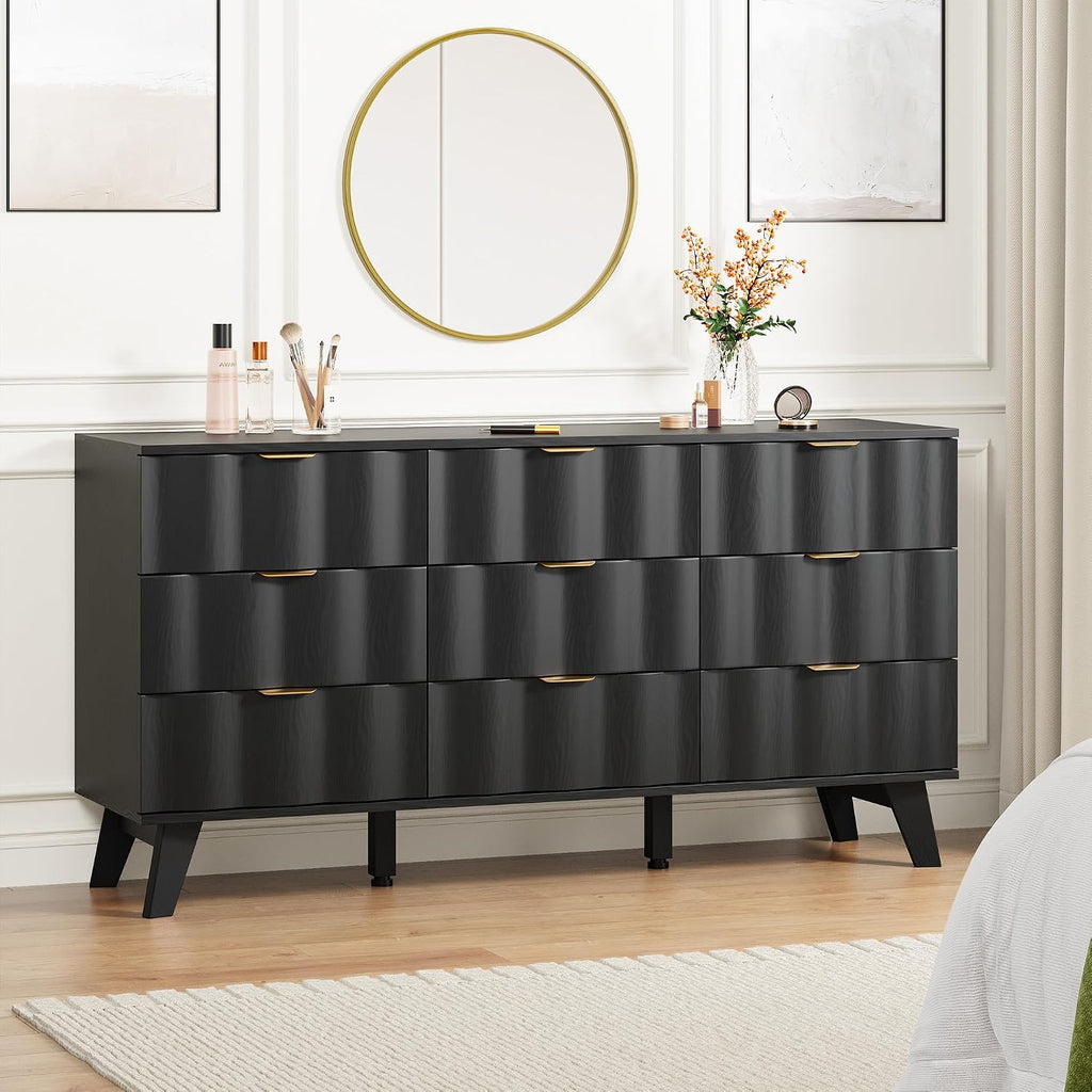 9 Drawer Dresser, Modern Fluted Storage Dresser with Deep Drawers and Metal Handles, Wood Chest of Drawers Storage Organizer for Bedroom, Living Room, Hallway (Black)