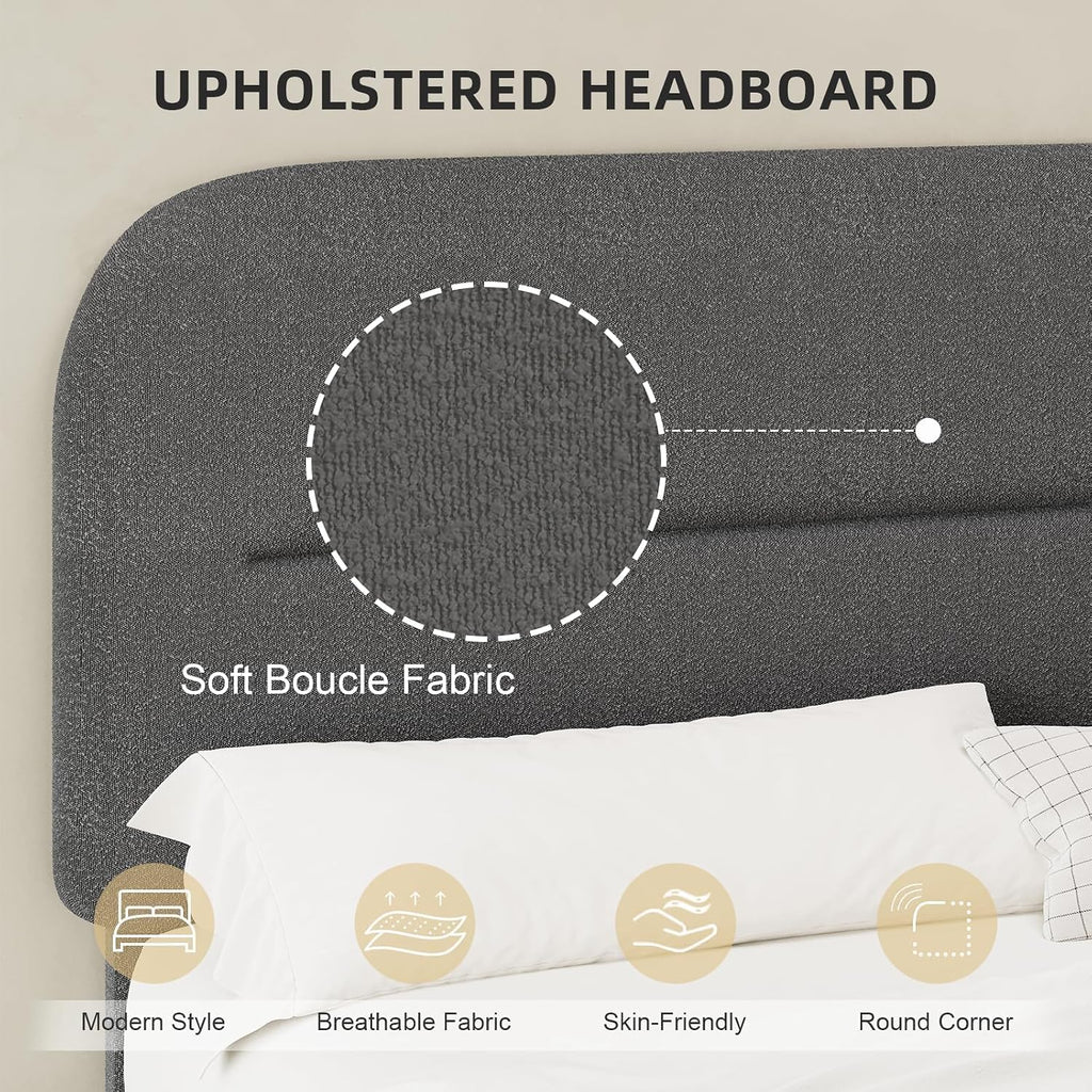 HOMBCK Twin Bed Frames, Upholstered Twin Bed Frame with Rounded Headboard, Soft Modern Twin Size Boucle Bed Frame with Thickened Footboard, Rounded Corners, No Box Spring Needed, Easy Assembly, Grey
