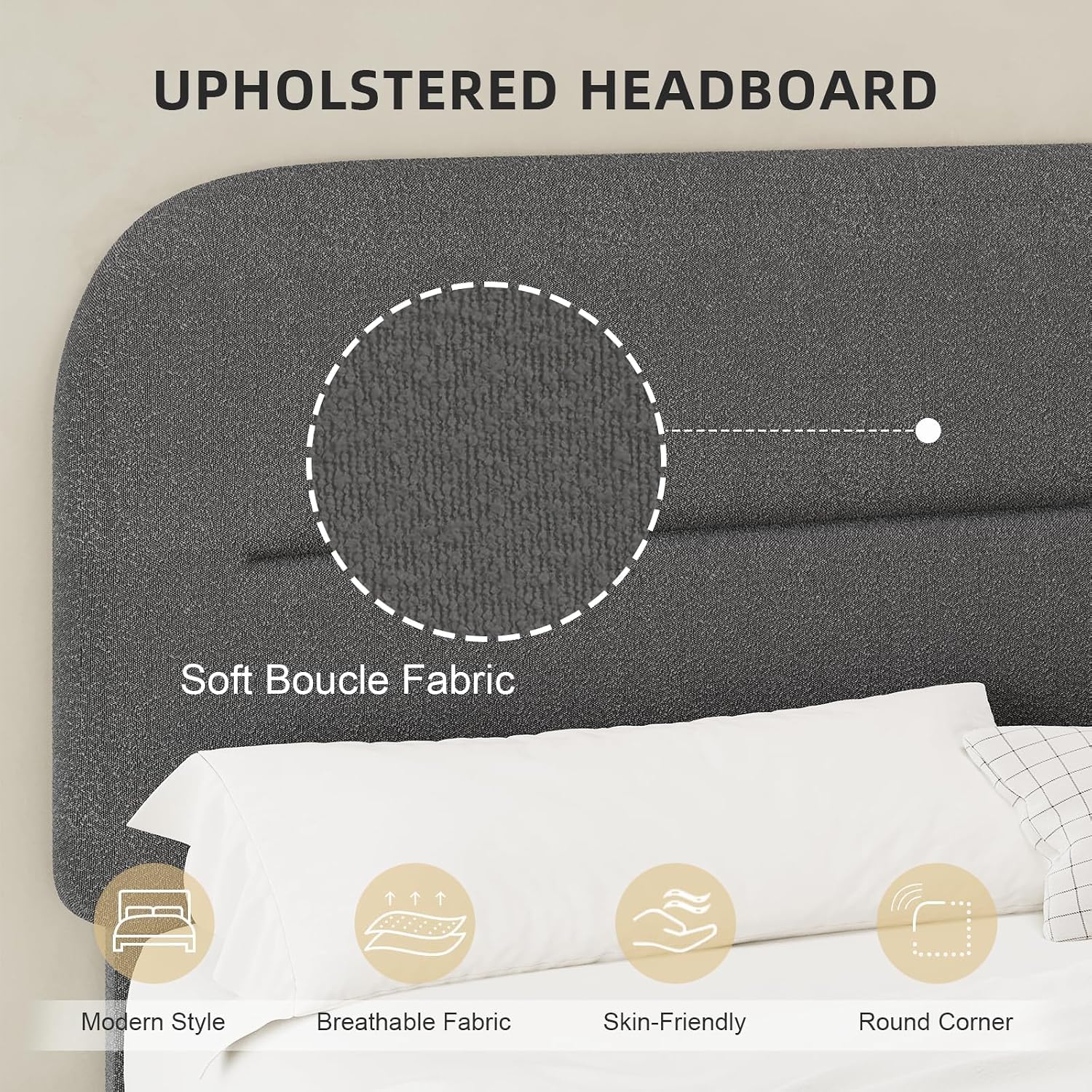 HOMBCK Twin Bed Frames, Upholstered Twin Bed Frame with Rounded Headboard, Soft Modern Twin Size Boucle Bed Frame with Thickened Footboard, Rounded Corners, No Box Spring Needed, Easy Assembly, Grey