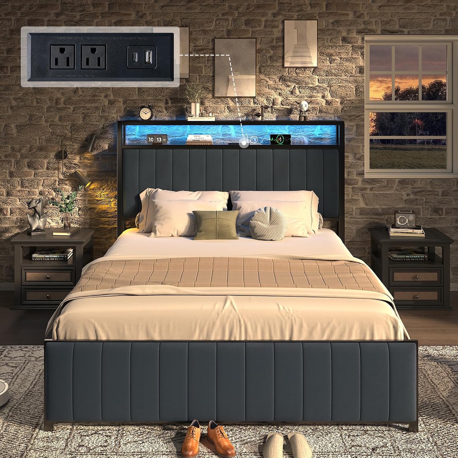 AMERLIFE Queen Size Bed Frame, Storage Headboard with Charging Station & LED Lights, Upholstered Platform Bed with Ottoman Footboard, Velvet Fabric, Metal Slats Support, Noisy Free, Grey