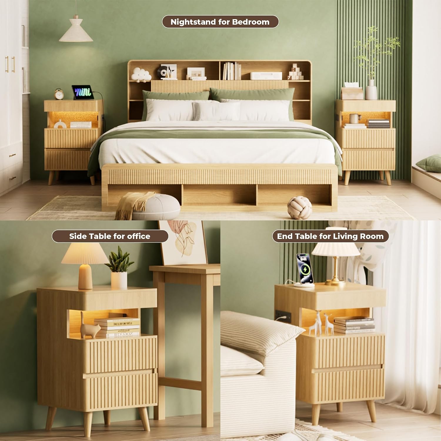 7 Drawer Dresser and 2 Nightstand Sets for Bedroom 3 Pcs Bedroom Set, Modern 47.2' Fluted Dresser with Metal Handles Nightstand Charging Station, Bedroom Furniture Set for Living Room, Natural