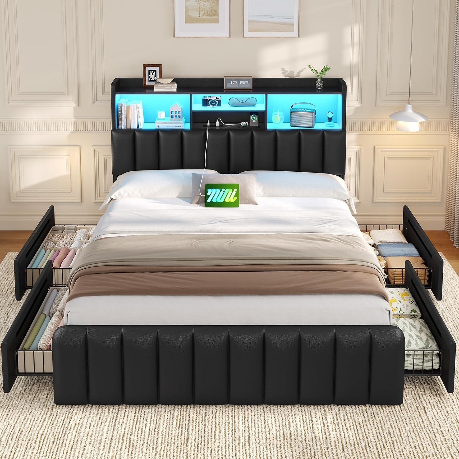 DICTAC Queen Bed Frame with Bookcase Headboard, Upholstered Bed Frame with Storage and 4 Oversized Drawers, LED Lights and Charging Station, Strong Metal Slats, No Box Spring Needed, Noise Free, Black