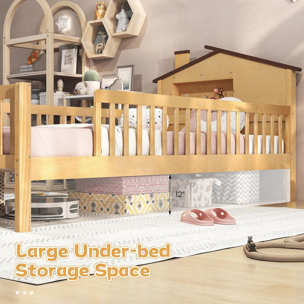 KOMFOTT Twin Bed Frame with Rails & House Shaped Headboard, Solid Wood Platform Bed with Safety Guardrails, Storage Cube & Under-Bed Storage, No Box Spring Needed, Twin Bed with Rails (Natural)