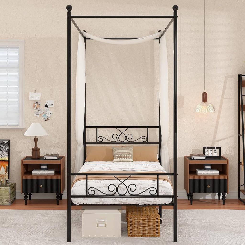 Weehom Twin Canopy Bed Frame with Headboard and Footboard, 4 Posters Metal Bed Frame, No Box Spring Needed, Mattress Foundation Platform Bed for Kids and Adults, Black
