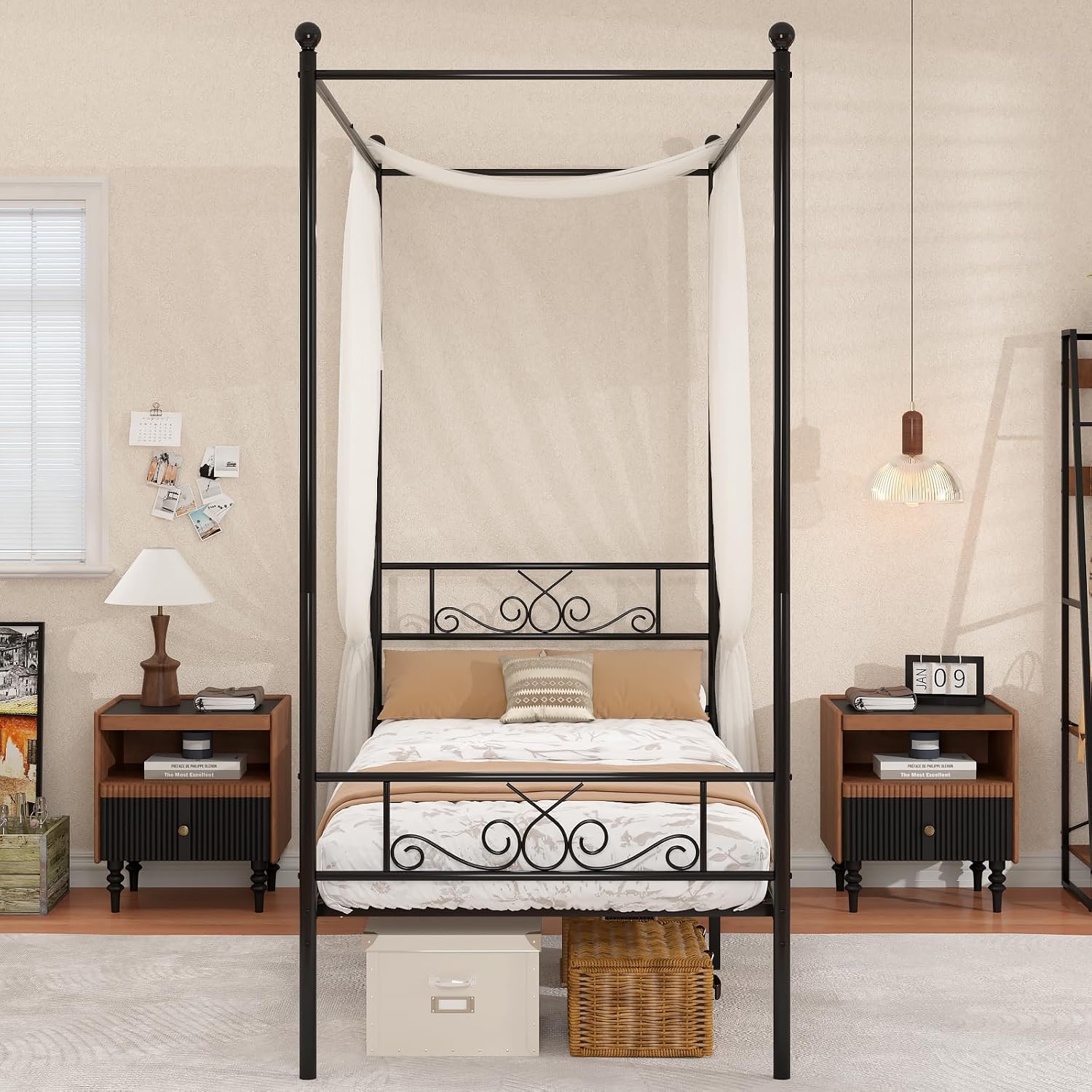Weehom Twin Canopy Bed Frame with Headboard and Footboard, 4 Posters Metal Bed Frame, No Box Spring Needed, Mattress Foundation Platform Bed for Kids and Adults, Black