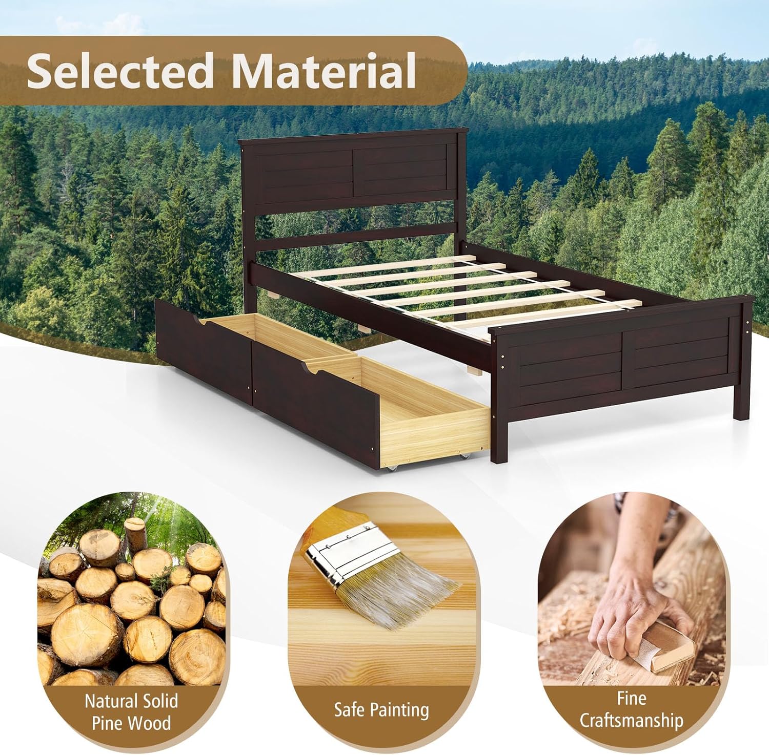 KOMFOTT Twin Size Wood Bed Frame with 2 Storage Drawers, Mid Century Platform Bed Frame with Headboard, Sturdy Wooden Slats Support, Modern Mattress Foundation, No Box Spring Required, Easy Assembly