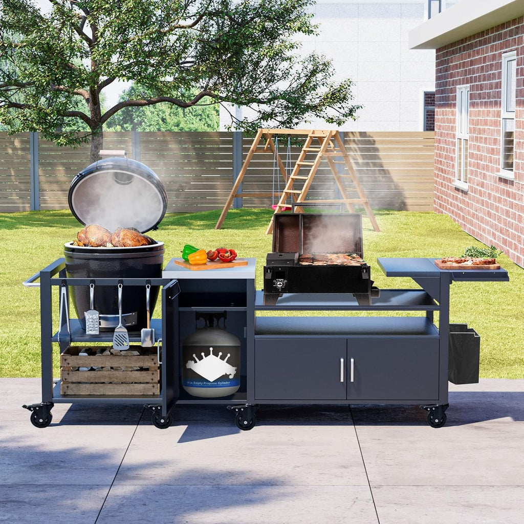 GDLF Outdoor Grill Cart for Big Green Egg& Blackstone Griddle, Metal Grill Table Compatible with Large Big Green Egg and 28'/36' Blackstone Griddle, Waterproof Cover Included