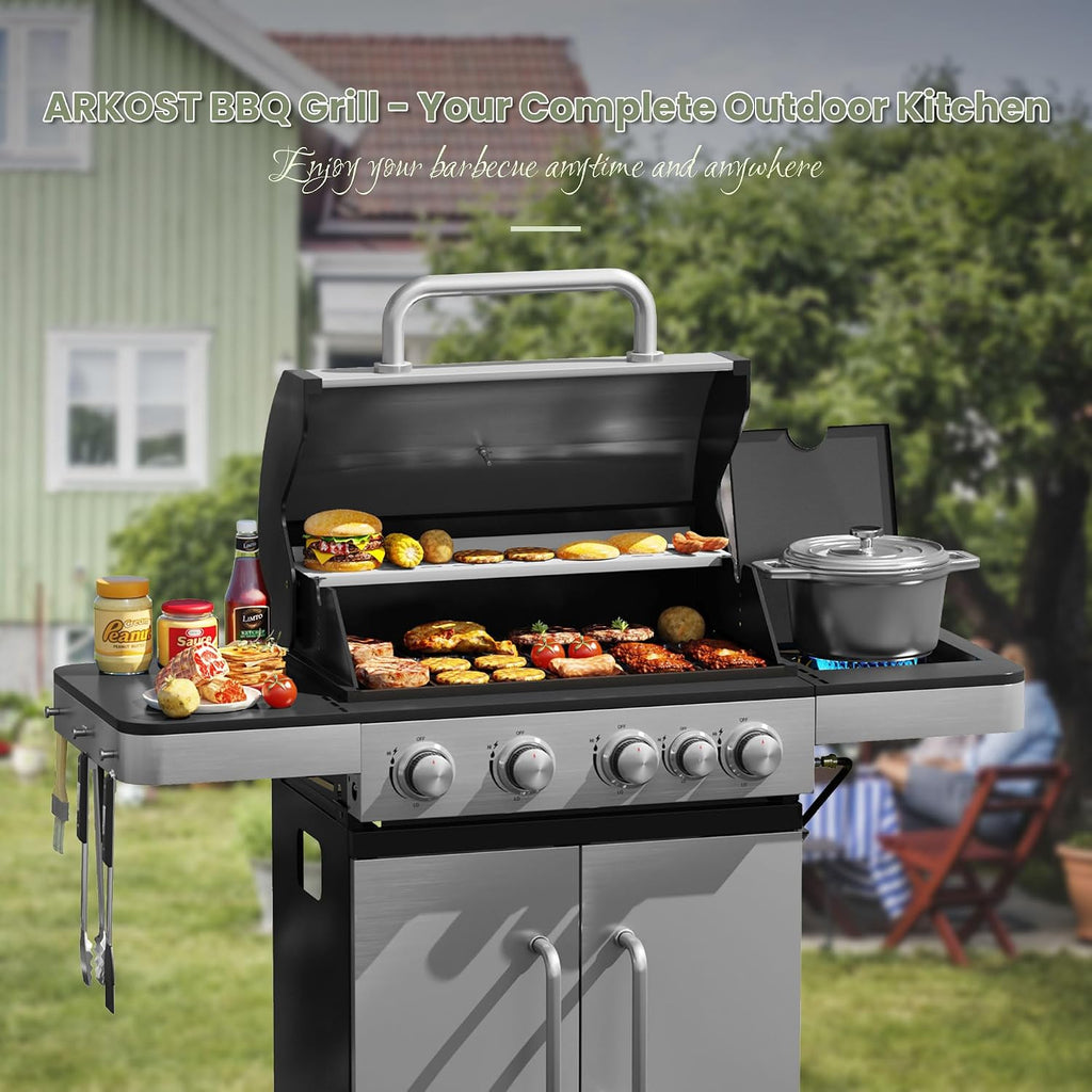 4 Burners Propane Gas Grill with Side Burner, Stainless Steel BBQ Grill with Porcelain-Enameled Cast Iron Grates, 46,500 BTU Outdoor Patio Barbeque Grill for Party, Camping, Backyard