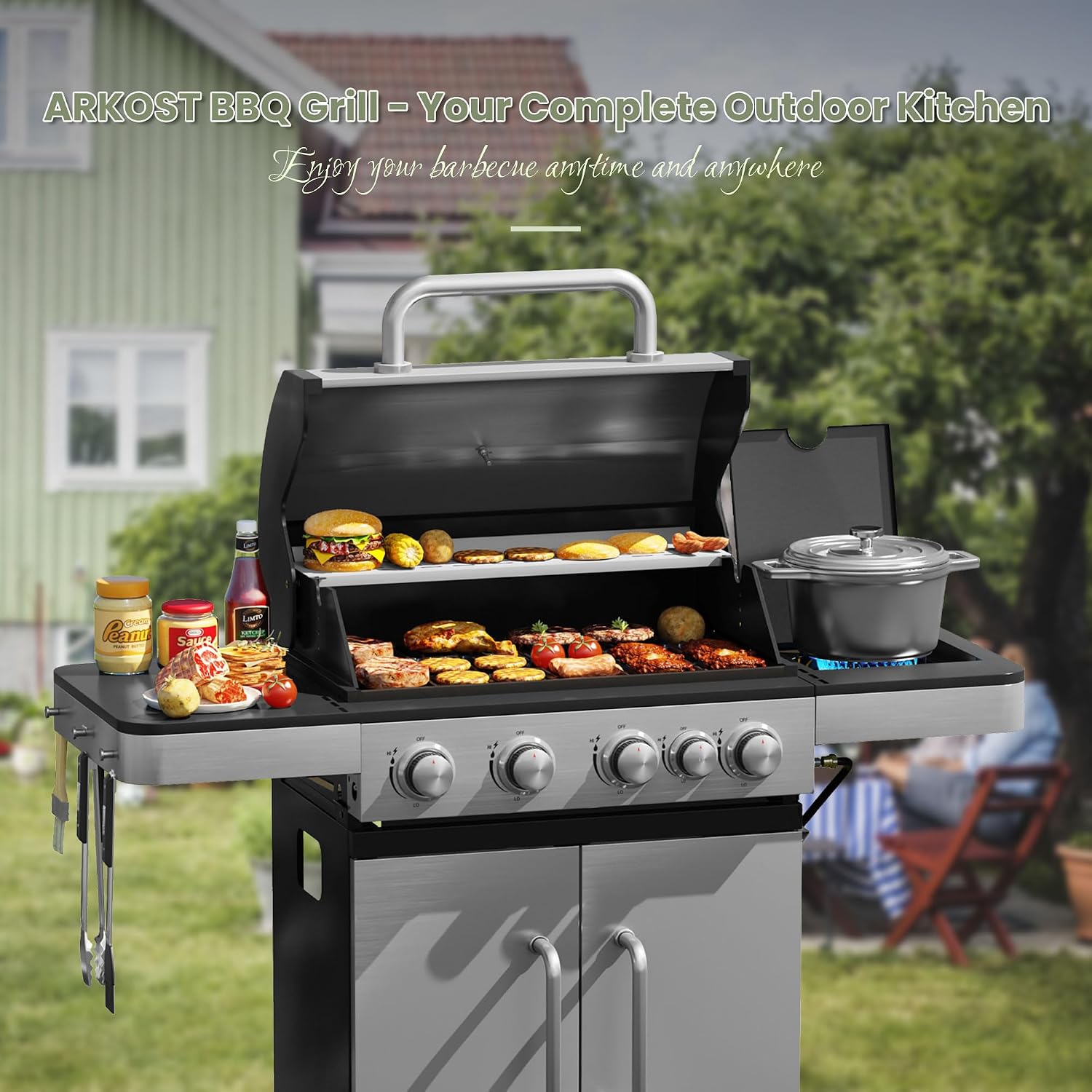 4 Burners Propane Gas Grill with Side Burner, Stainless Steel BBQ Grill with Porcelain-Enameled Cast Iron Grates, 46,500 BTU Outdoor Patio Barbeque Grill for Party, Camping, Backyard