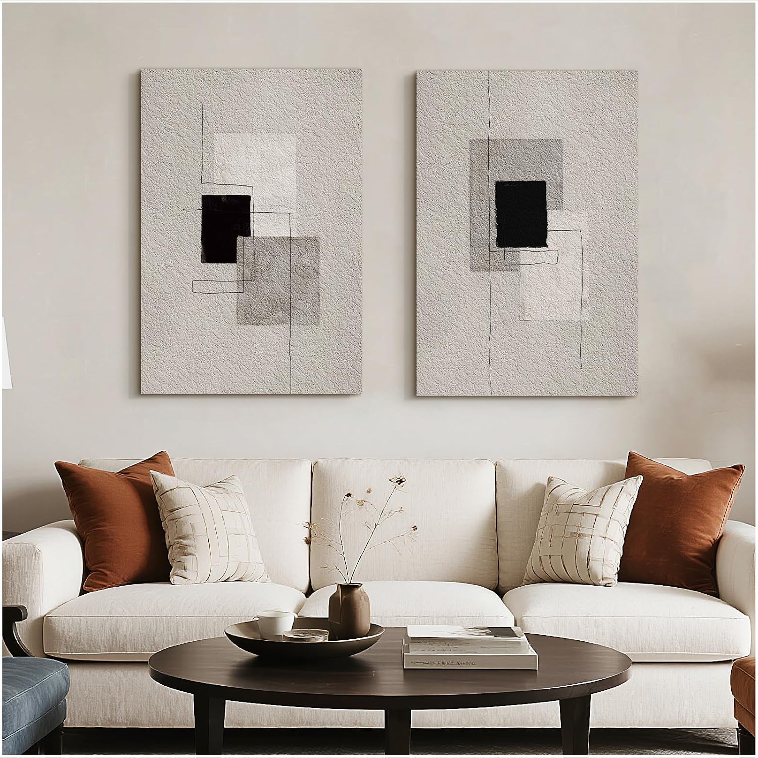 Bzstyleart Large Abstract Wall Art for Living Room, Set of 2 Modern Wall Art Minimalist Painting Neutral Artwork for Hallway Office Bedroom, Large Boho Abstract Artwork Lines & Blocks, 24 x 36 Inch