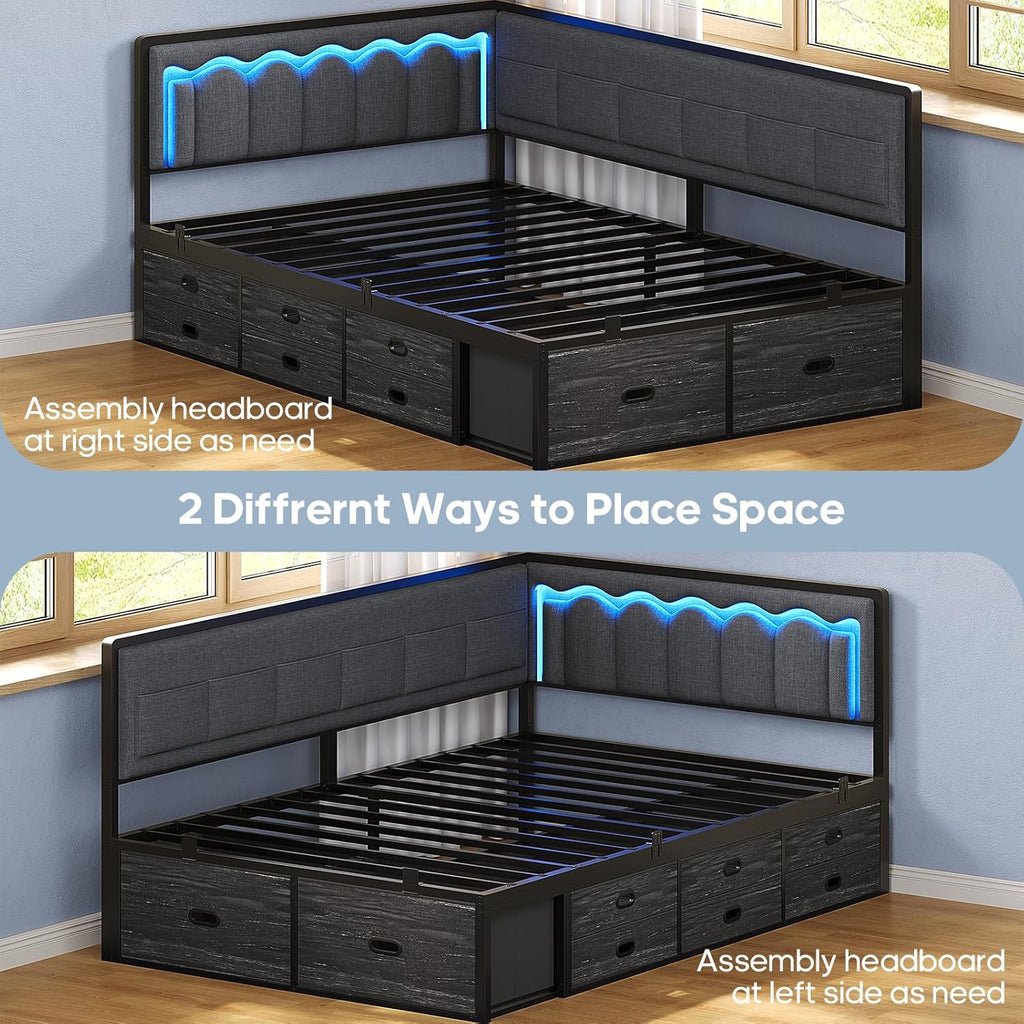 ADORNEVE Corner Bed Frame Twin with 8 Drawers, 6 Storage Pockets, Twin Daybed with Storage and RGB Wave Lights, Twin Size Platform Bed with L-Shaped Upholstered Guardrail for Kids Teen,Grey