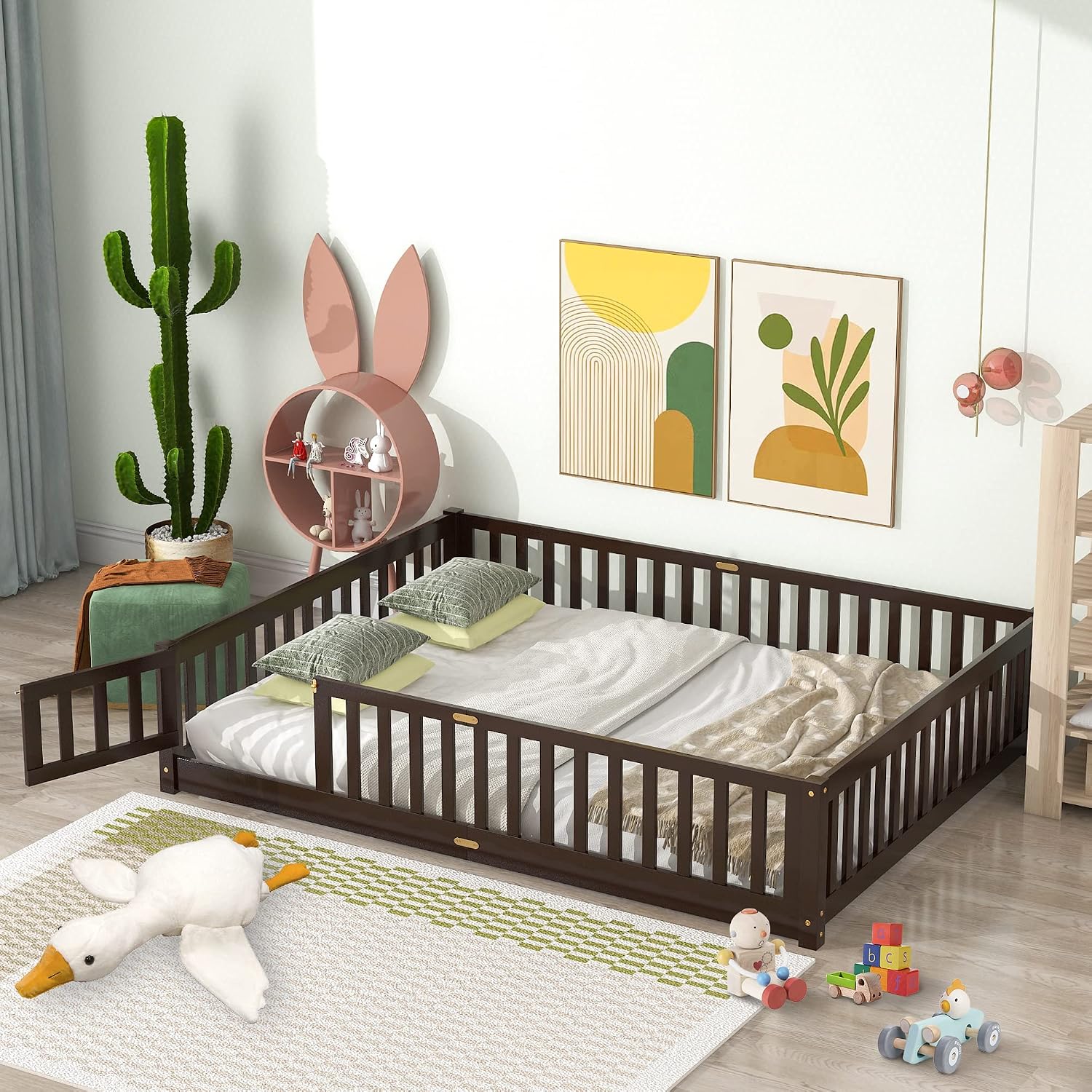 i-POOK Queen Floor Bed for Children, Sturdy Wood Montessori Bed Frame with Wood Slats, High Fence & Small Door for Girls and Boys, Espresso (with Bed Slats)