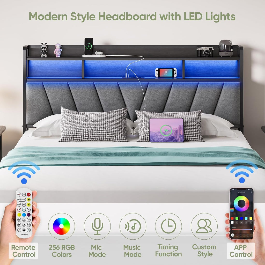 Queen Bed Frame with Wood Headboard, Metal Platform Bed with LED Lights & Charging Station, 2-Tier Storage Shelves, Sturdy and Easy Assembly, Under Bed Space, No Box Spring Needed, Noise Free, Black