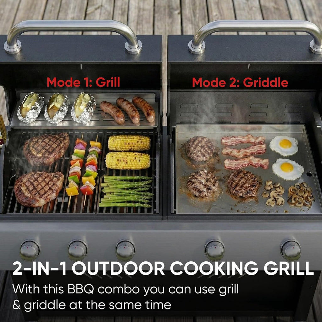 Belord 2-in-1 Grill Griddle Combo, 5 Burner Flat Top Griddle & Grill with 40000 BTU Output, Propane Gas Grill with Enameled Cast Iron Grate & Cast Iron Pan for Outdoor Kitchen, Backyard Barbecue