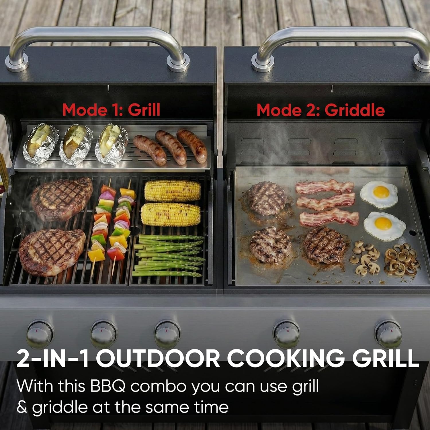 Belord 2-in-1 Grill Griddle Combo, 5 Burner Flat Top Griddle & Grill with 40000 BTU Output, Propane Gas Grill with Enameled Cast Iron Grate & Cast Iron Pan for Outdoor Kitchen, Backyard Barbecue