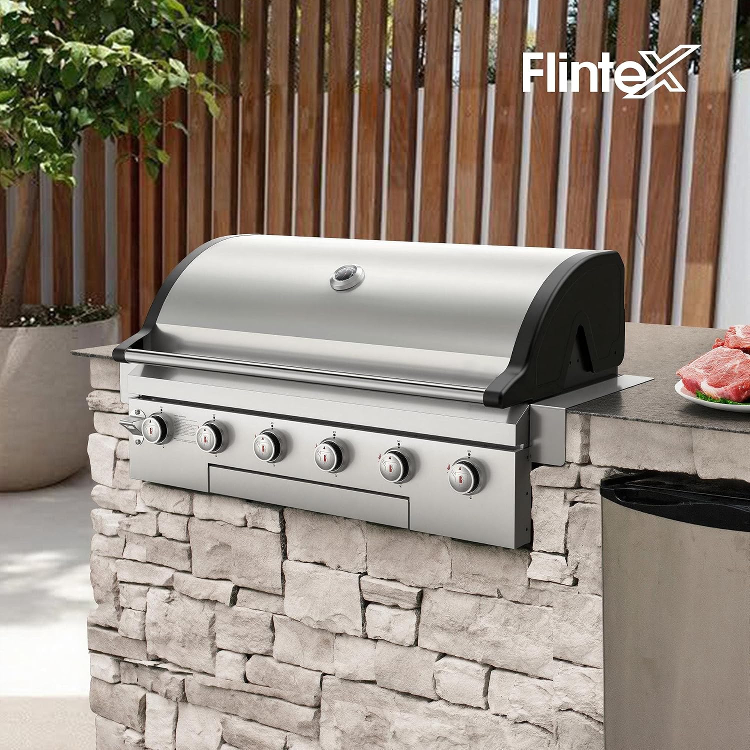 Flintex 40-inch Built-in BBQ Gas Grill (NG/LPG Convertible), 6-Burner Outdoor Kitchen Gas/Propane Grill with Griddle Combo, Stainless Steel Built-in Outdoor BBQ Grill for Outdoor Kitchen