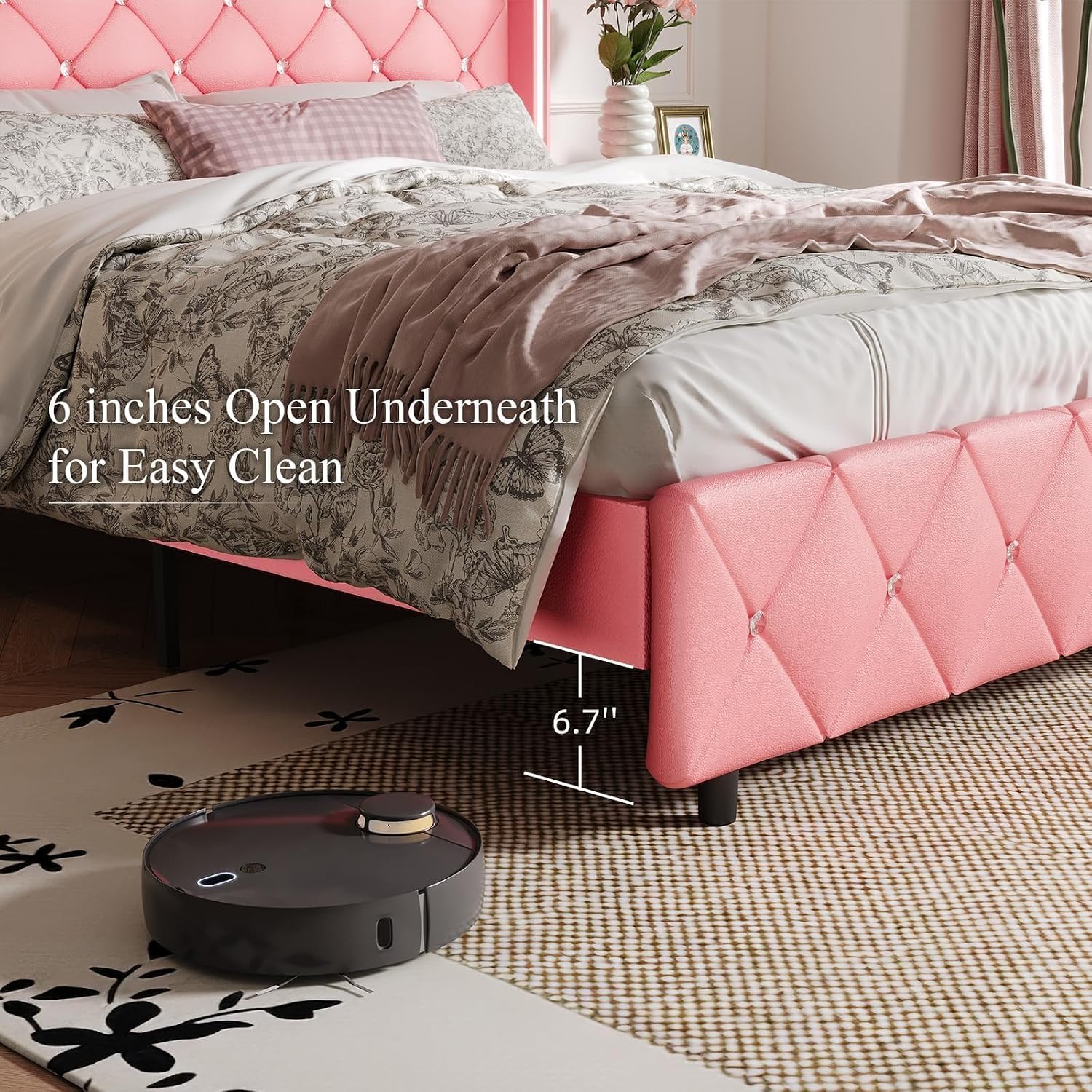 HOMBCK Full Size Bed Frame with Headboard, Upholstered Faux Leather Bed with Diamond Headboard, Pink Bed Frame Full with Footboard, No Box Spring Needed, Easy Assembly, Pink