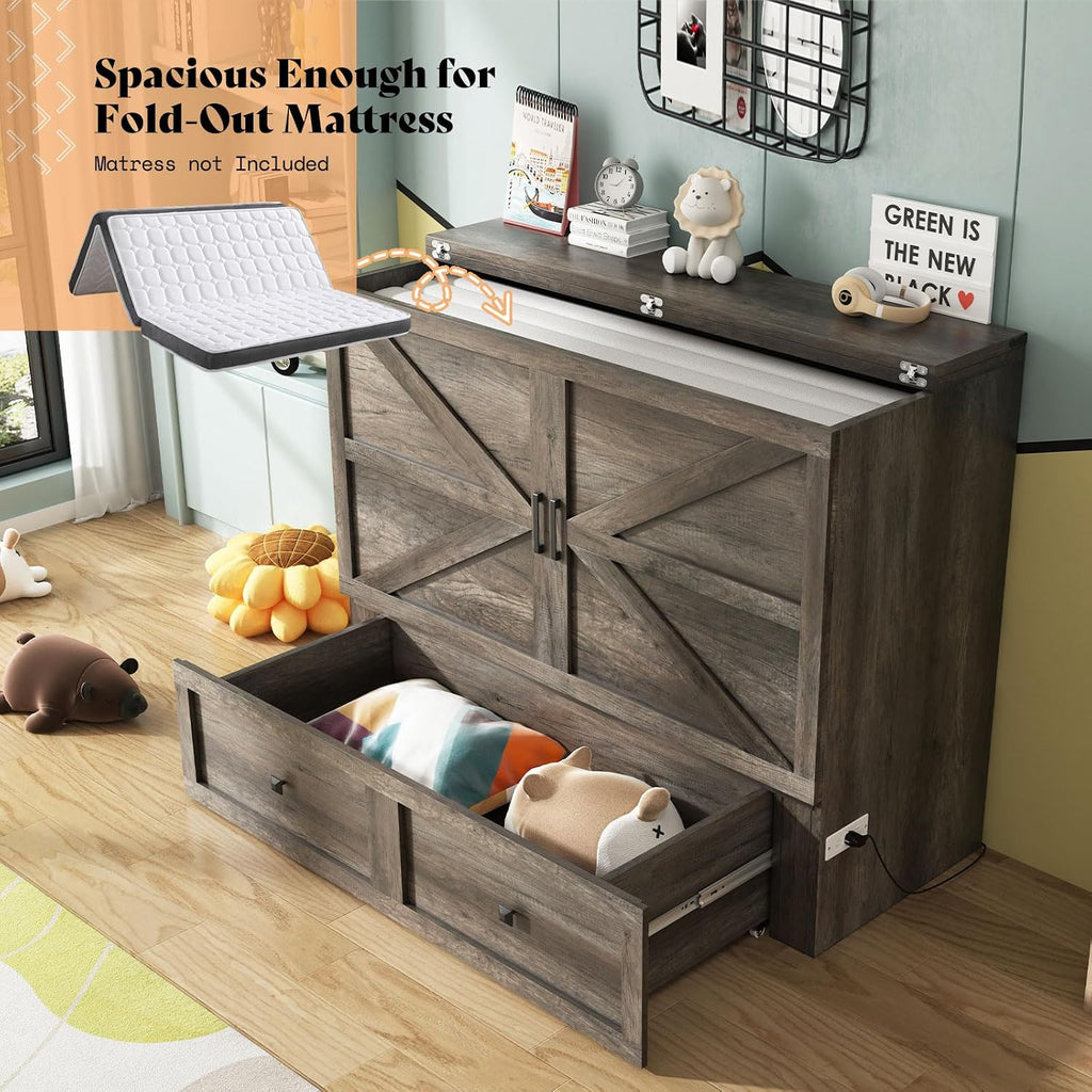 AMERLIFE Full Murphy Bed with Storage & Charging Station, Farmhouse Murphy Cabinet with Foldable Panel, Noisy Free, for Guest Bedroom, Living Room, Office, Rustic Grey