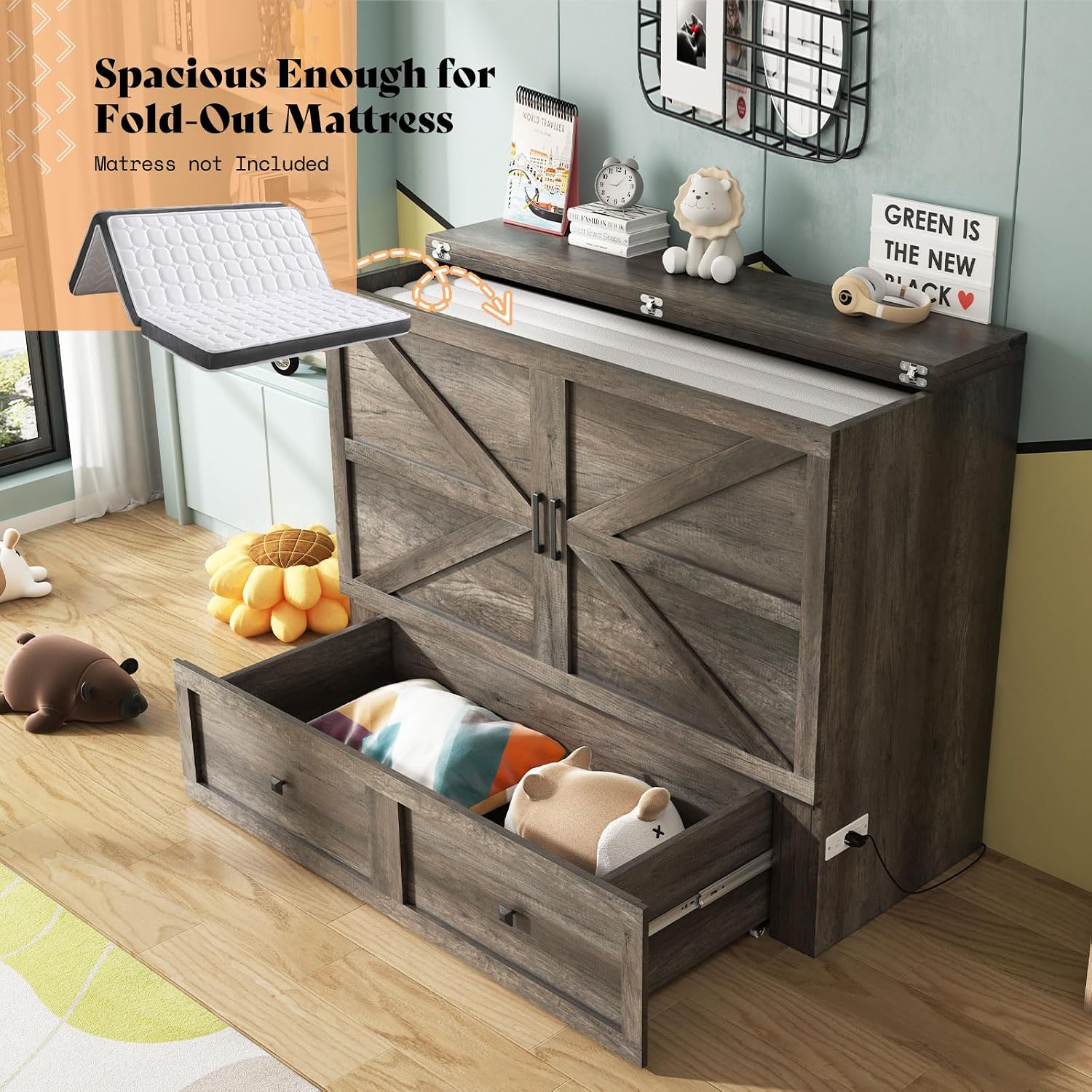 AMERLIFE Full Murphy Bed with Storage & Charging Station, Farmhouse Murphy Cabinet with Foldable Panel, Noisy Free, for Guest Bedroom, Living Room, Office, Rustic Grey