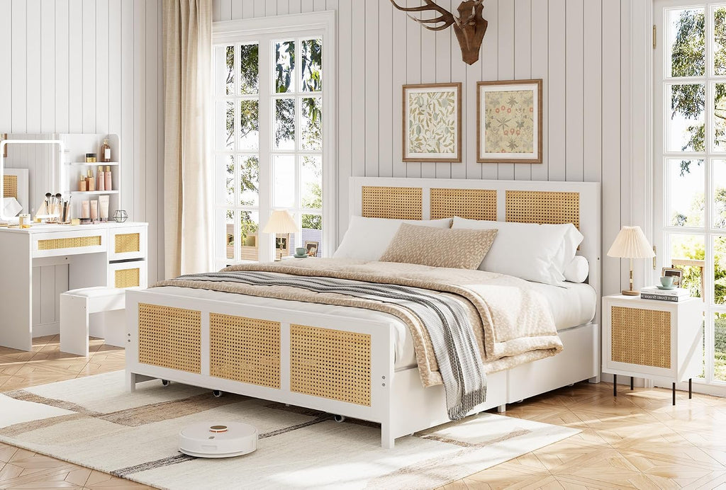 GarveeHome White Rattan Bed Frame with Headboard, Boho Cane Platform Queen Bed Frame with 4 Drawers, Strong Metal Slats Support, Noise Free, No Box Spring Needed