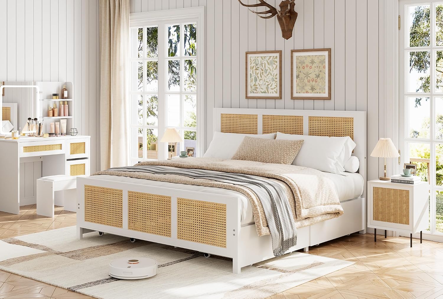 GarveeHome White Rattan Bed Frame with Headboard, Boho Cane Platform Full Size Bed Frame with 4 Drawers, Strong Metal Slats Support, Noise Free, No Box Spring Needed