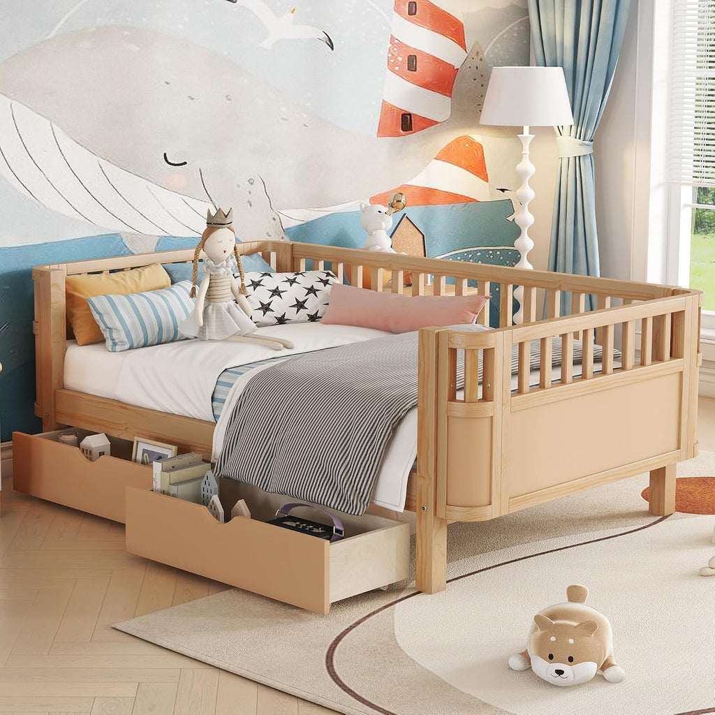 Harper & Bright Designs Twin Size Low Platform Bed Frame, Daybed with Fence and Drawers, Low Profile Bed for Kids Bed Room, Natural