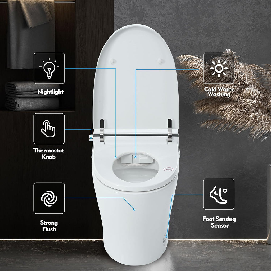 Smart Toilet with Bidet Built in, Tankless Toilet Bidet with Self-Cleaning Nozzle, Cold Water Washing, Foot Sensor Flush, Knob Control, and LED Light