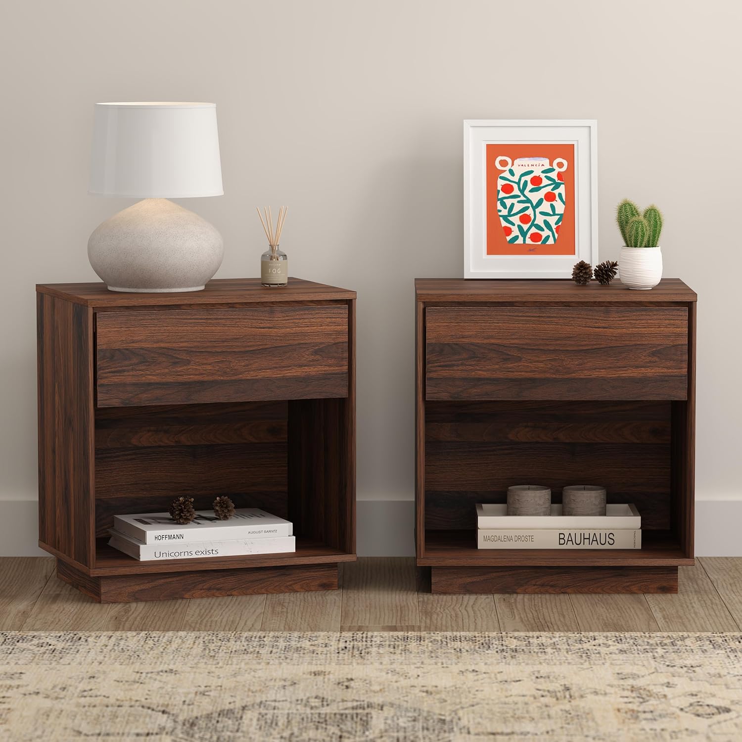 EYYTHUNG Farmhouse End Side Table Set of 2, 21.6' Wood Nightstand with Storage and Open Shelf, Farmhouse Boho Bedside Table Accent Night Stand for Bedroom, Brown