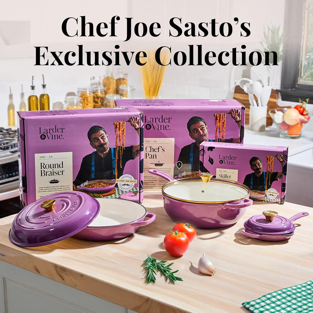 Chef Joe Sasto Enameled Cast Iron Braiser with Lid, for Slow Cooking, Roasting & Searing, Oven Safe, Induction Compatible, Easy-Clean Finish