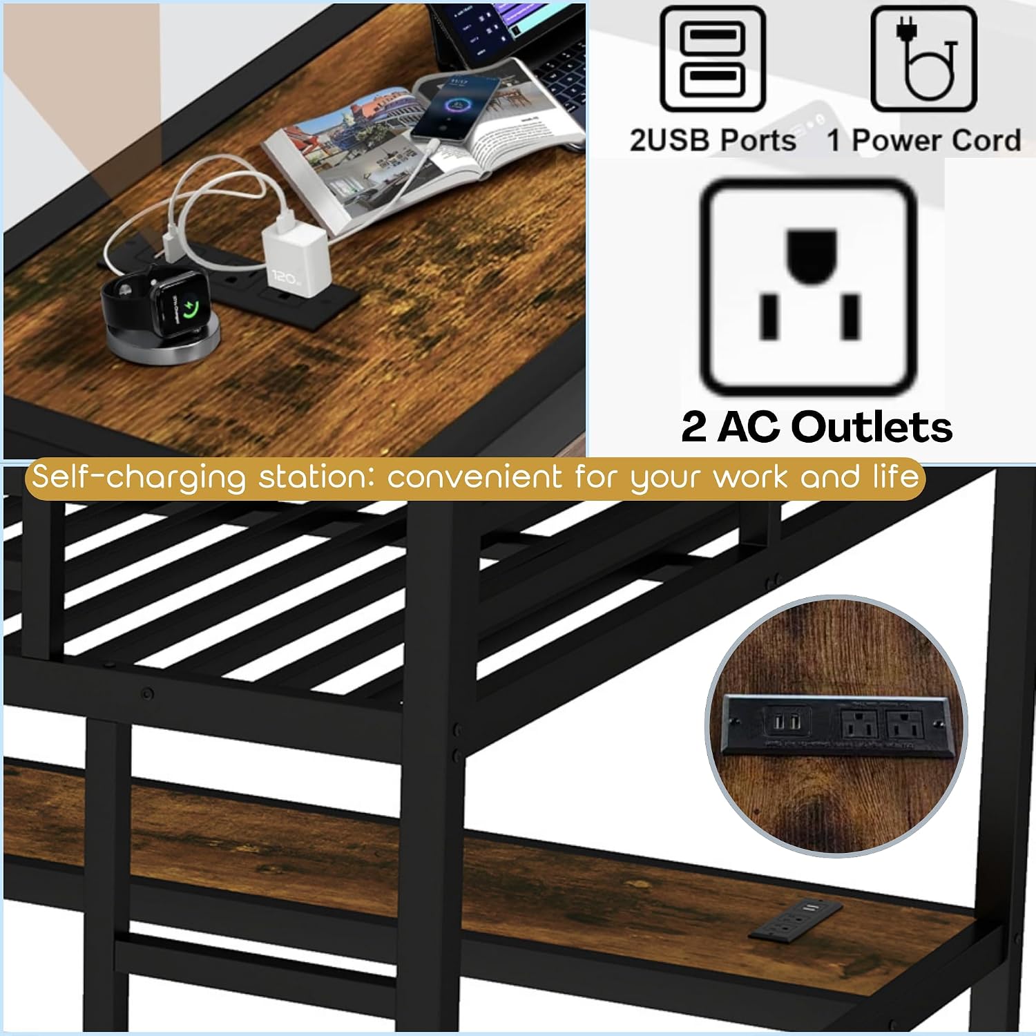 Bellemave Full Loft Bed with Desk, Metal Loft Bed Frame with Ladder, LED Lights and Power Outlet for Kids, Boys, Girls, No Spring Box Needed, Black