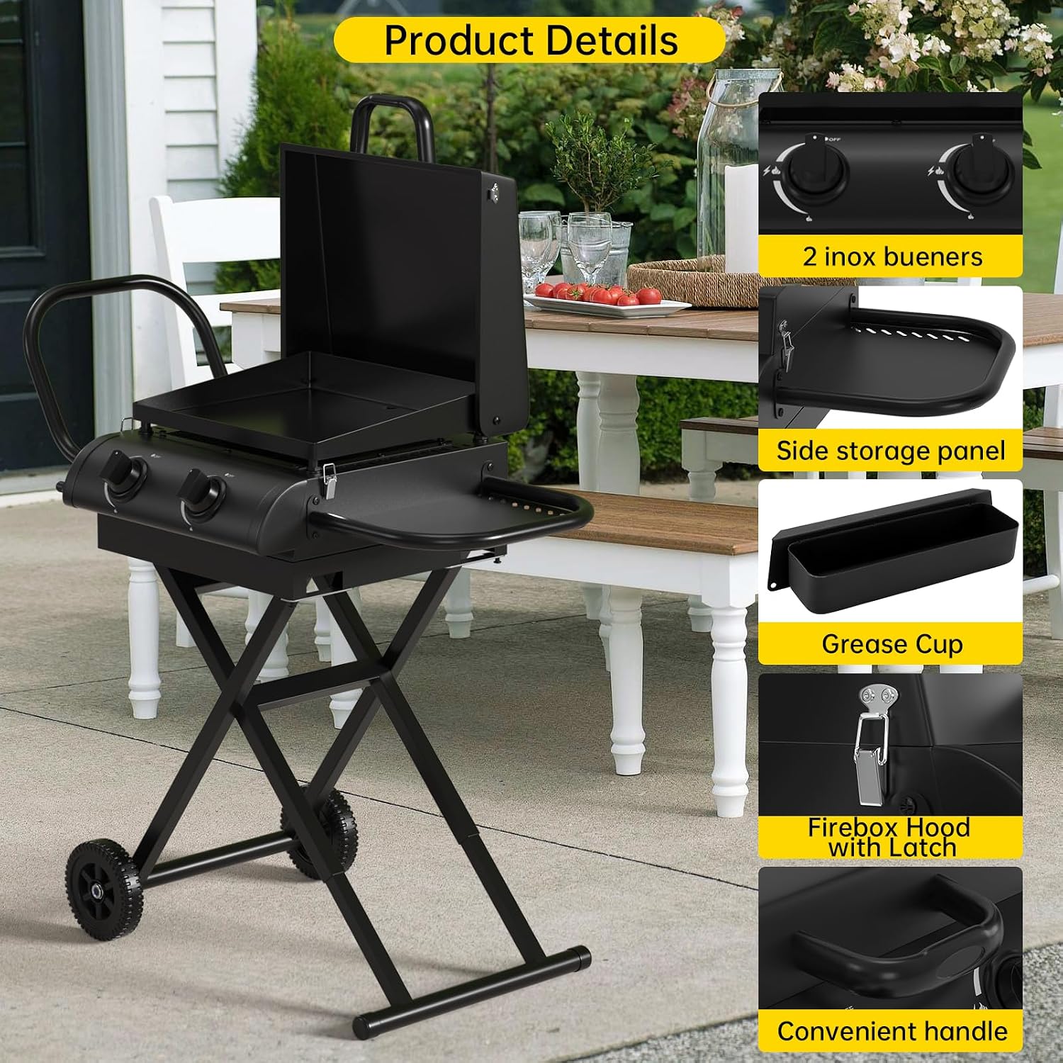 Portable Propane Griddle Grill with Hood, Side Shelf, & Adjustable Heat Zones - Folding Gas Grill for Outdoor Cooking Patio Backyard Camping RV Tailgating
