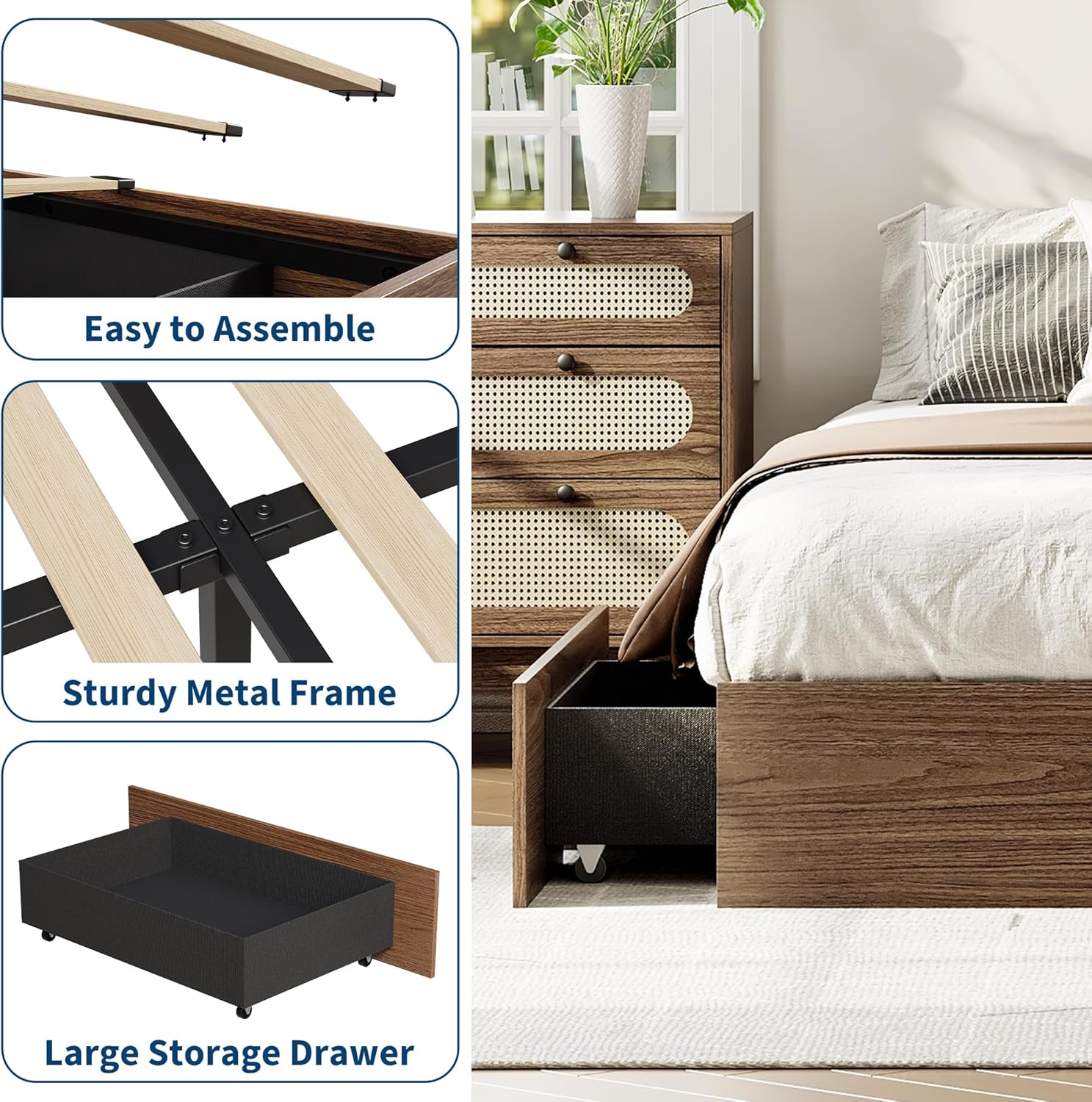 GarveeHome Full Size Wood Platform Bed Frame with 2 Storage Drawers, Wooden Bed Frame Without Headboard, Wood Slat Support, No Box Spring Needed, Easy Assembly