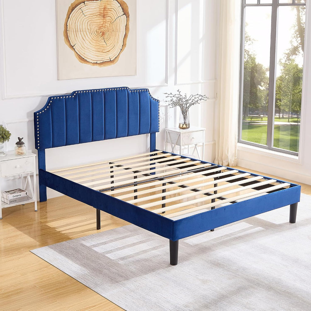 VECELO Full Upholstered Platform Bed Frame with Tufted Adjustable Headboard/Mattress Foundation/Wood Slat Support,Easy Assembly,Navy Blue