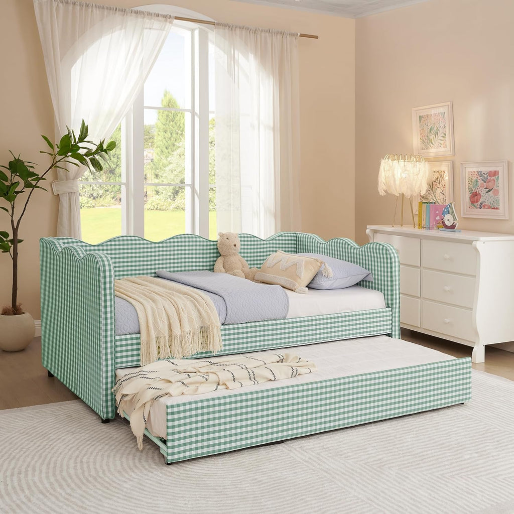 DEINPPA Twin Size Upholstered Daybed with Trundle, Gingham Daybed with USB Ports for Bedroom Living Room Guest Room-Cyan