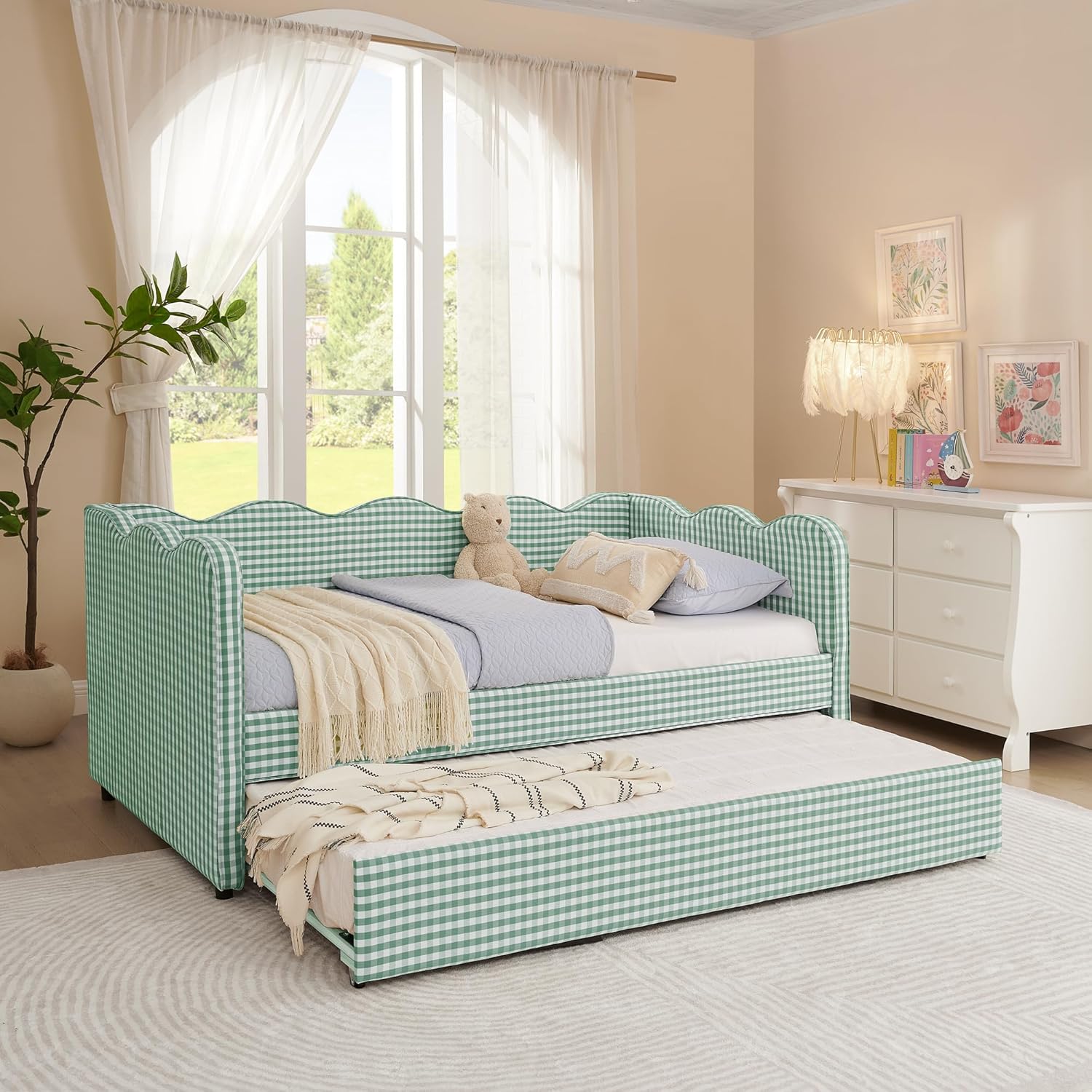 DEINPPA Twin Size Upholstered Daybed with Trundle, Gingham Daybed with USB Ports for Bedroom Living Room Guest Room-Cyan