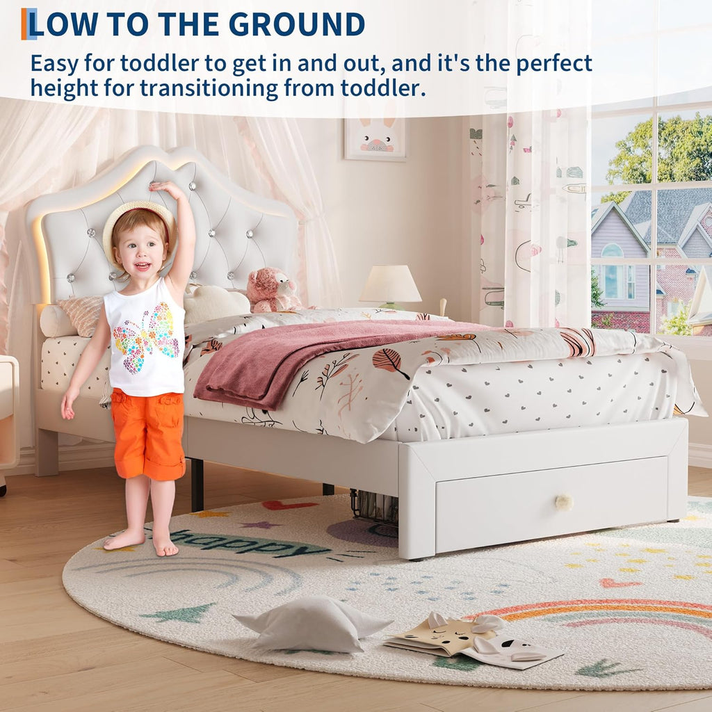 Garvee Twin Size Bed Frame with LED Lights & Velvet Crystal Button Headboard, Upholstered Boy/Girl Platform Bed with Storage Drawer, Noise Free, No Box Spring Needed for Kids, Teens, Beige