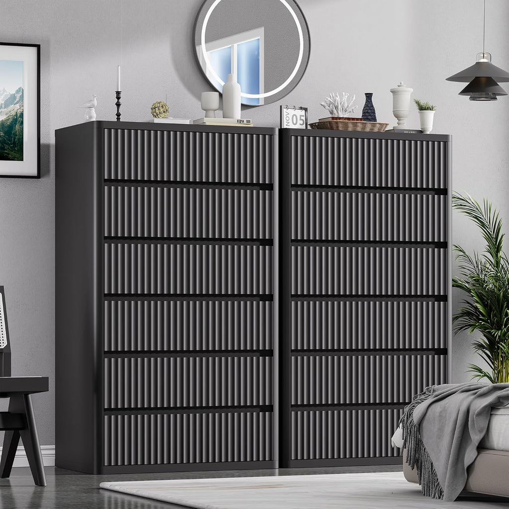 Standifurno Black 56' Tall Dresser for Bedroom, Fluted Modern 6 Drawers Deep Dressers, Wood Chest of Drawers with Handleless, Curved Profil Storage Closet Dressers for Bedroom, Living Room, Hallway