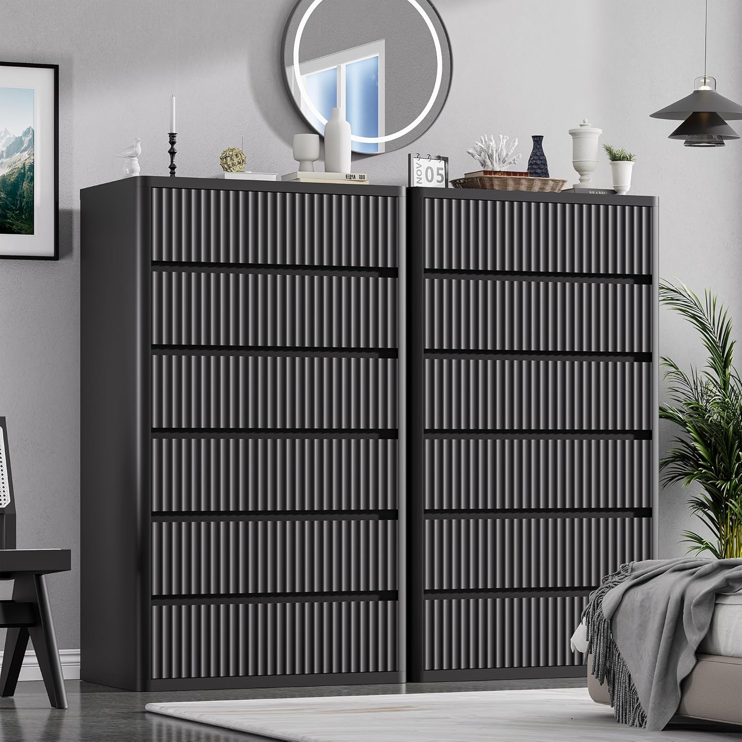 Standifurno Black 56' Tall Dresser for Bedroom, Fluted Modern 6 Drawers Deep Dressers, Wood Chest of Drawers with Handleless, Curved Profil Storage Closet Dressers for Bedroom, Living Room, Hallway